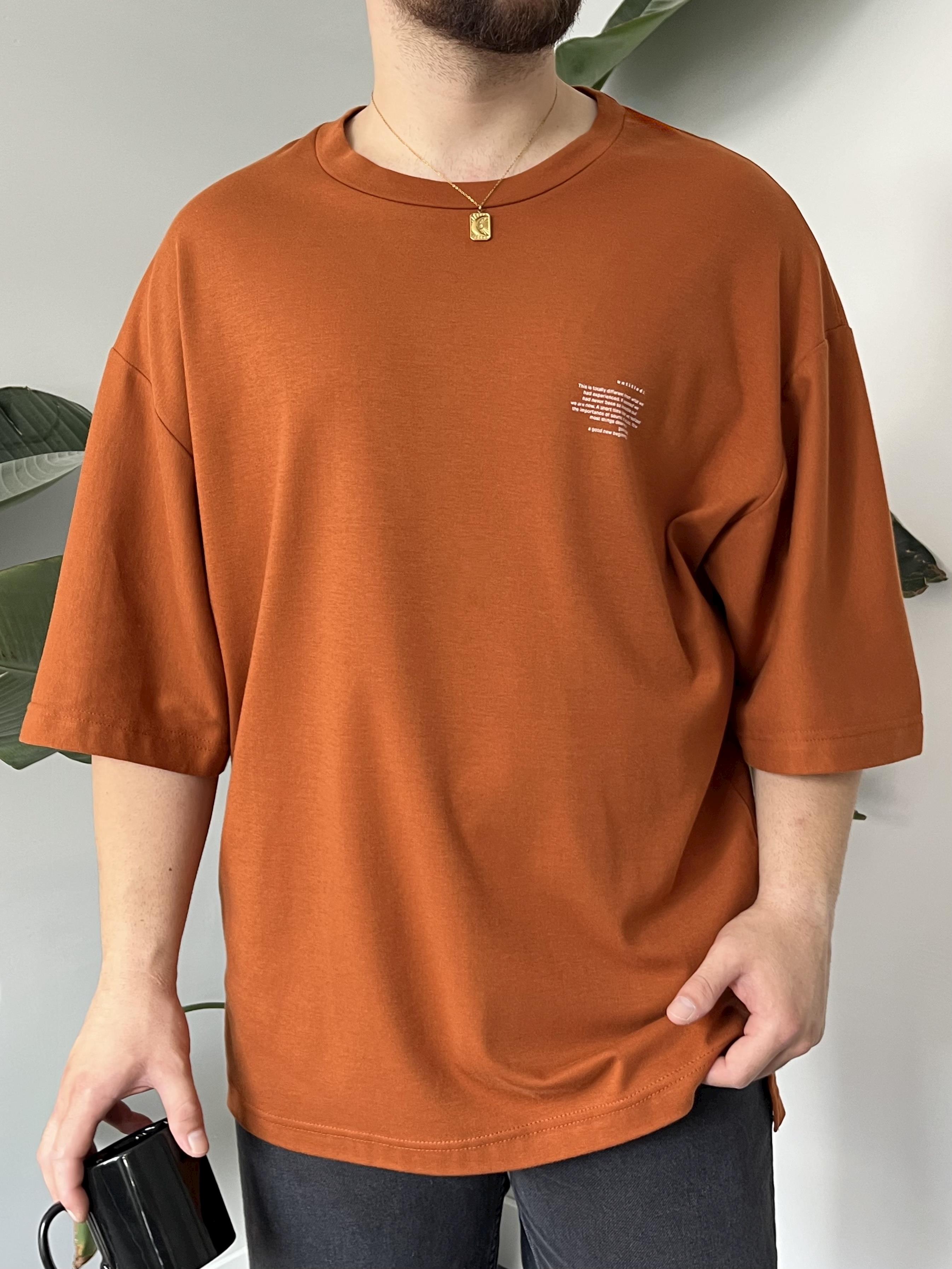 Minimal Yazı Baskı Kiremit Oversize T-shirt