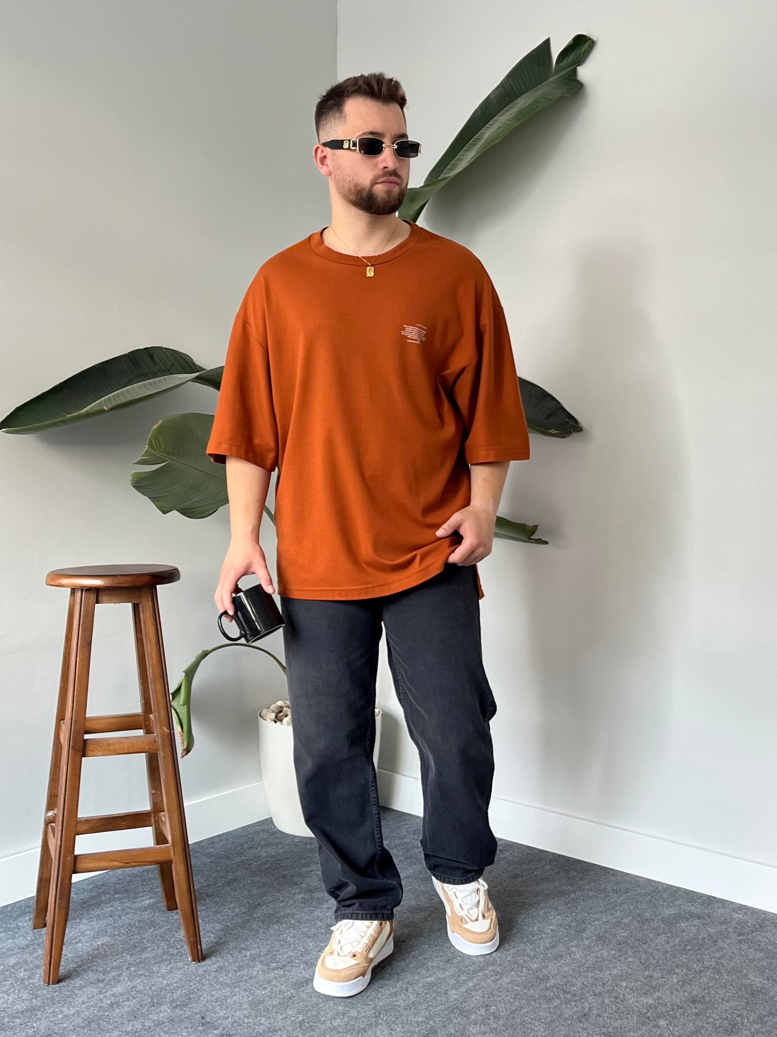 Minimal Yazı Baskı Kiremit Oversize T-shirt