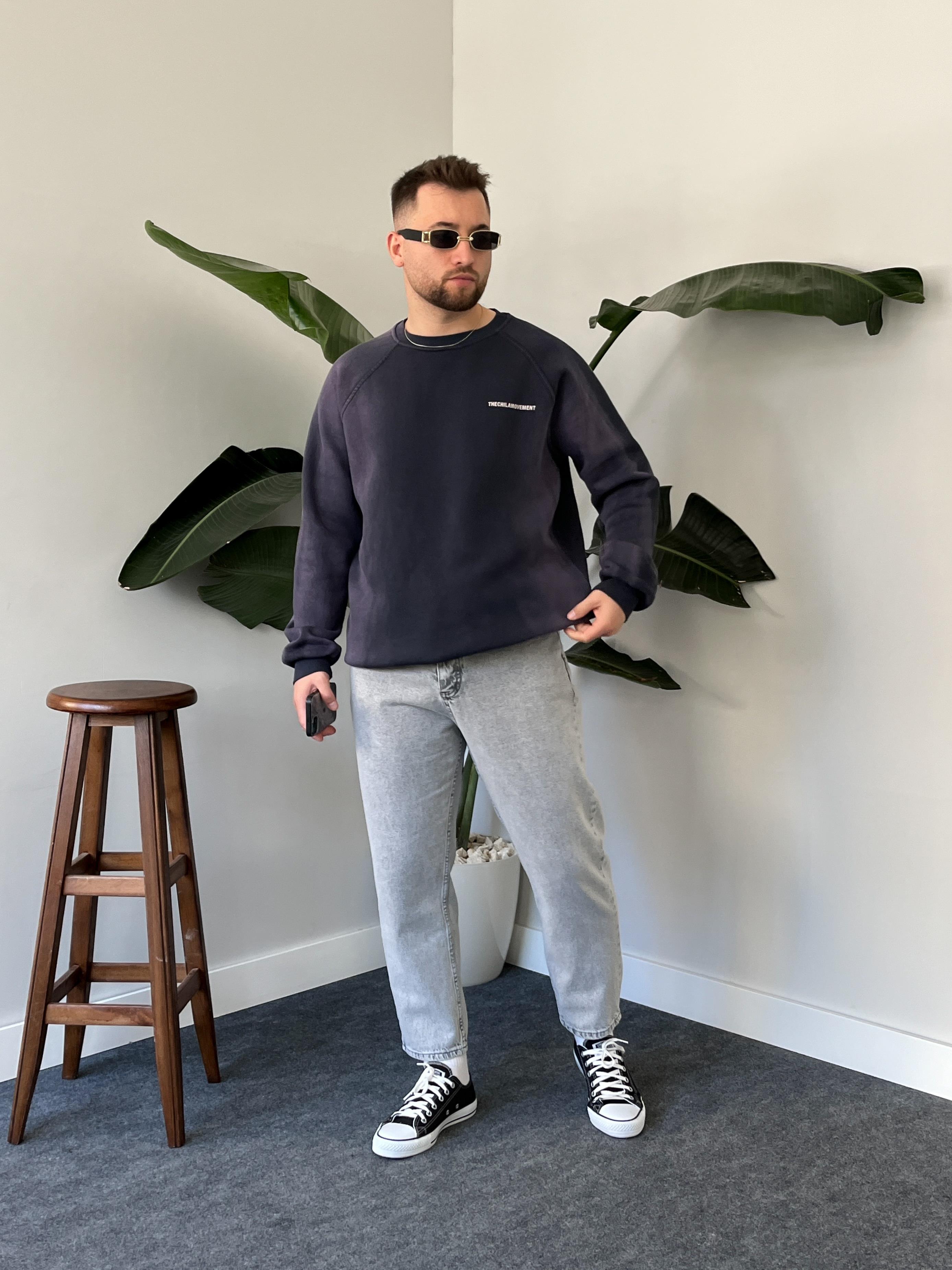 Mor Yıkamalı Baskılı Oversize Sweatshirt