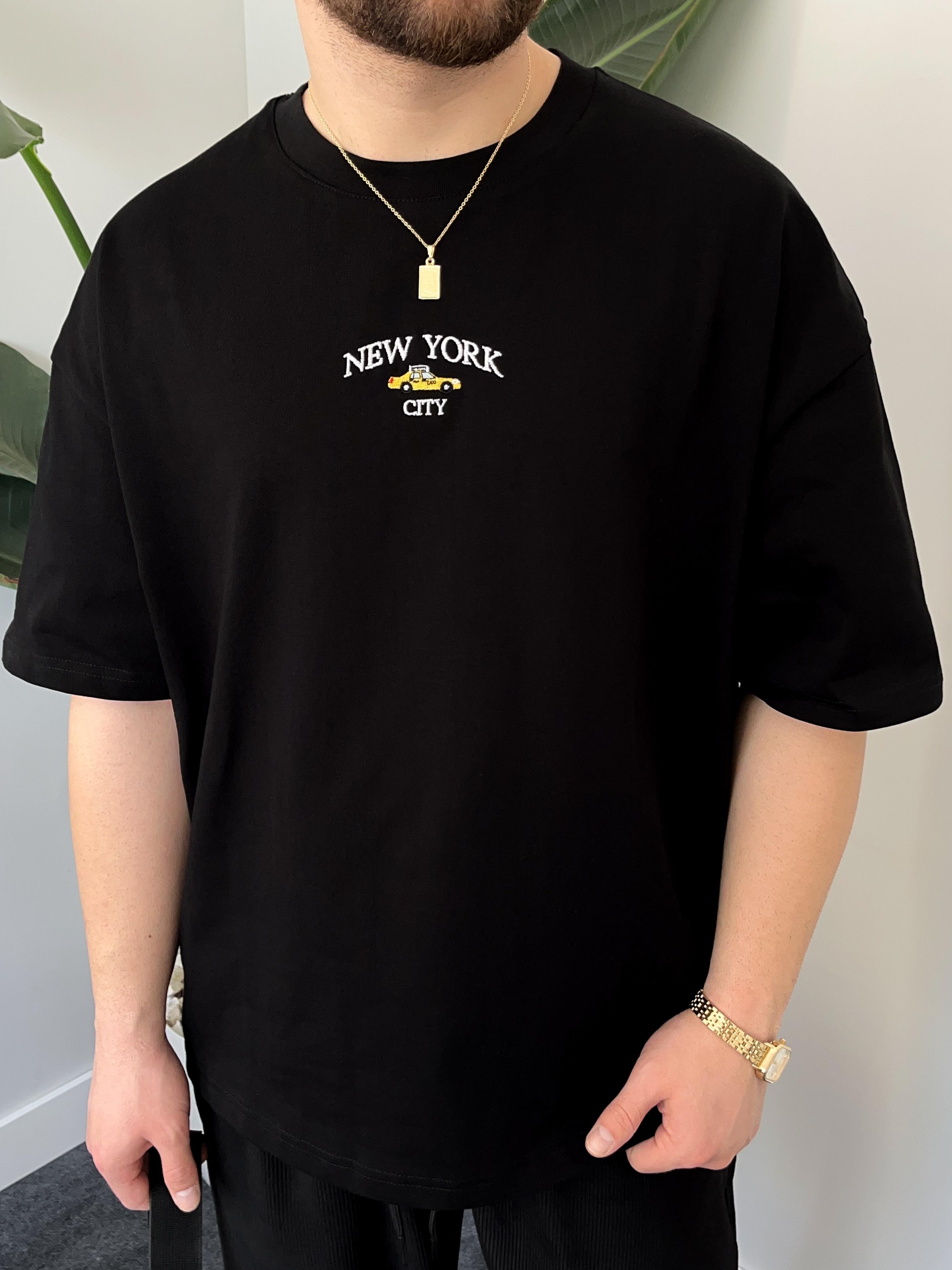 New York Nakışlı Siyah Oversize  T-shirt
