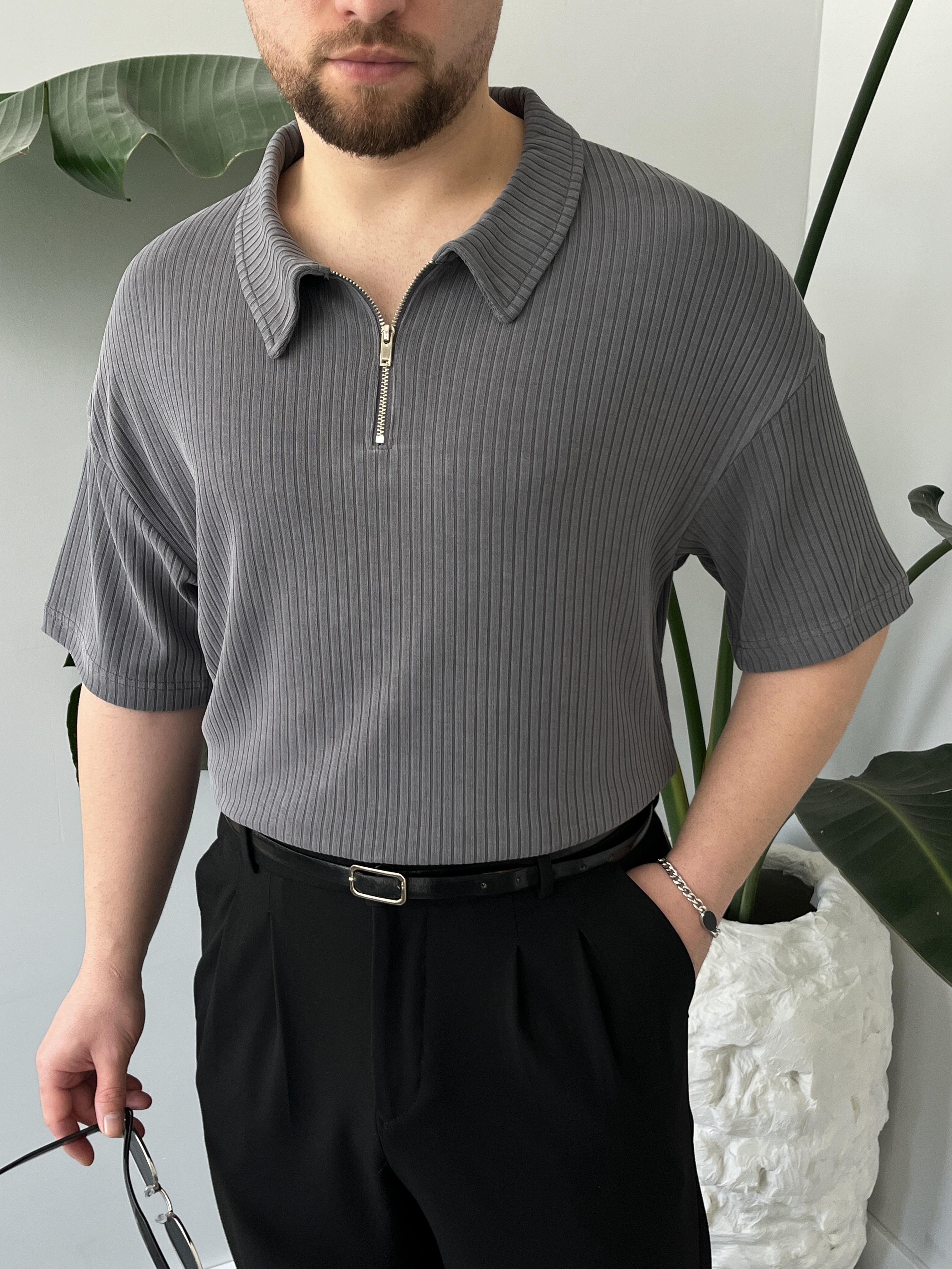 Onyx Gri Yıkamalı Polo Yaka Yarım Fermuar T-Shirt