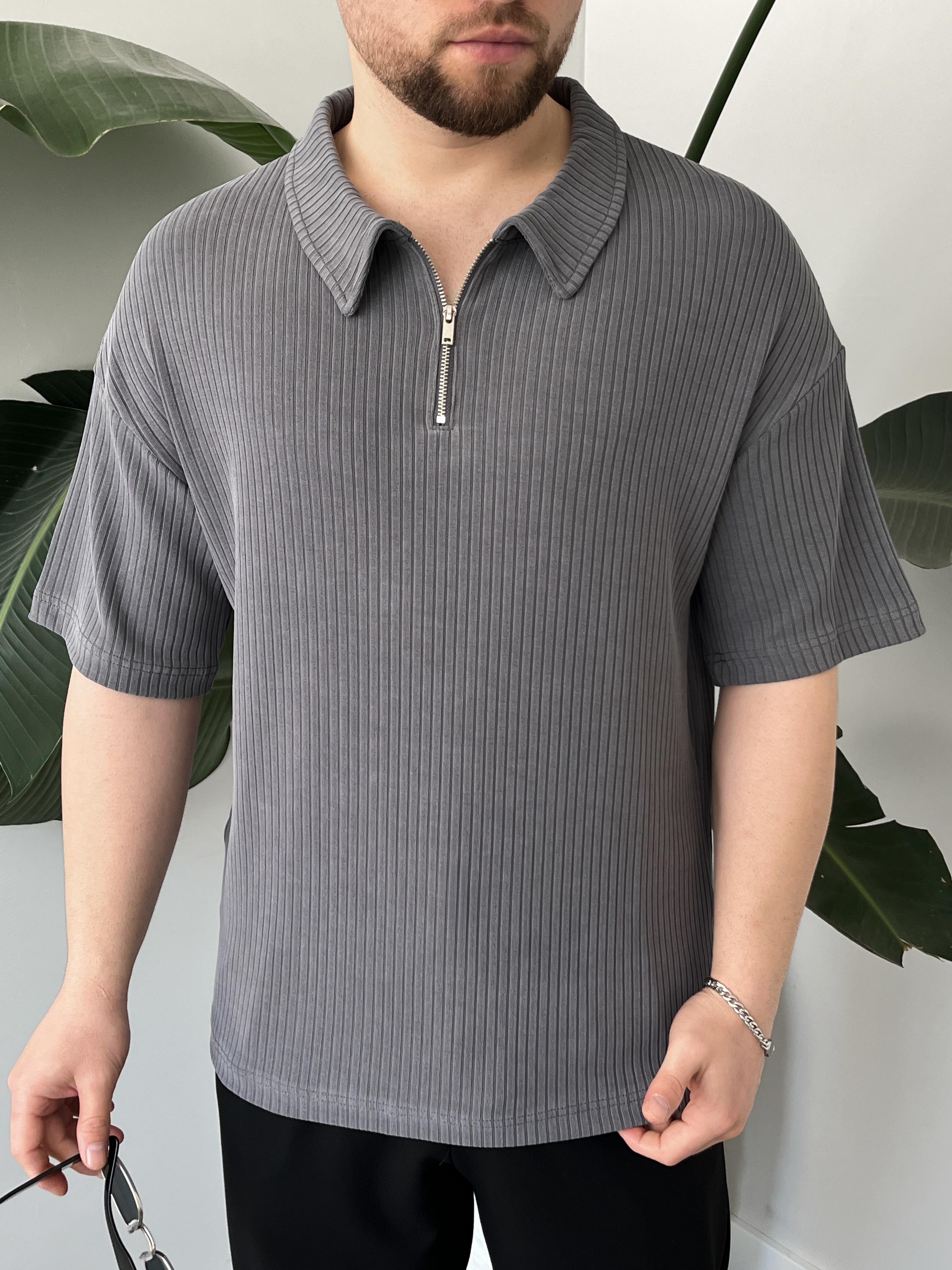 Onyx Gri Yıkamalı Polo Yaka Yarım Fermuar T-Shirt
