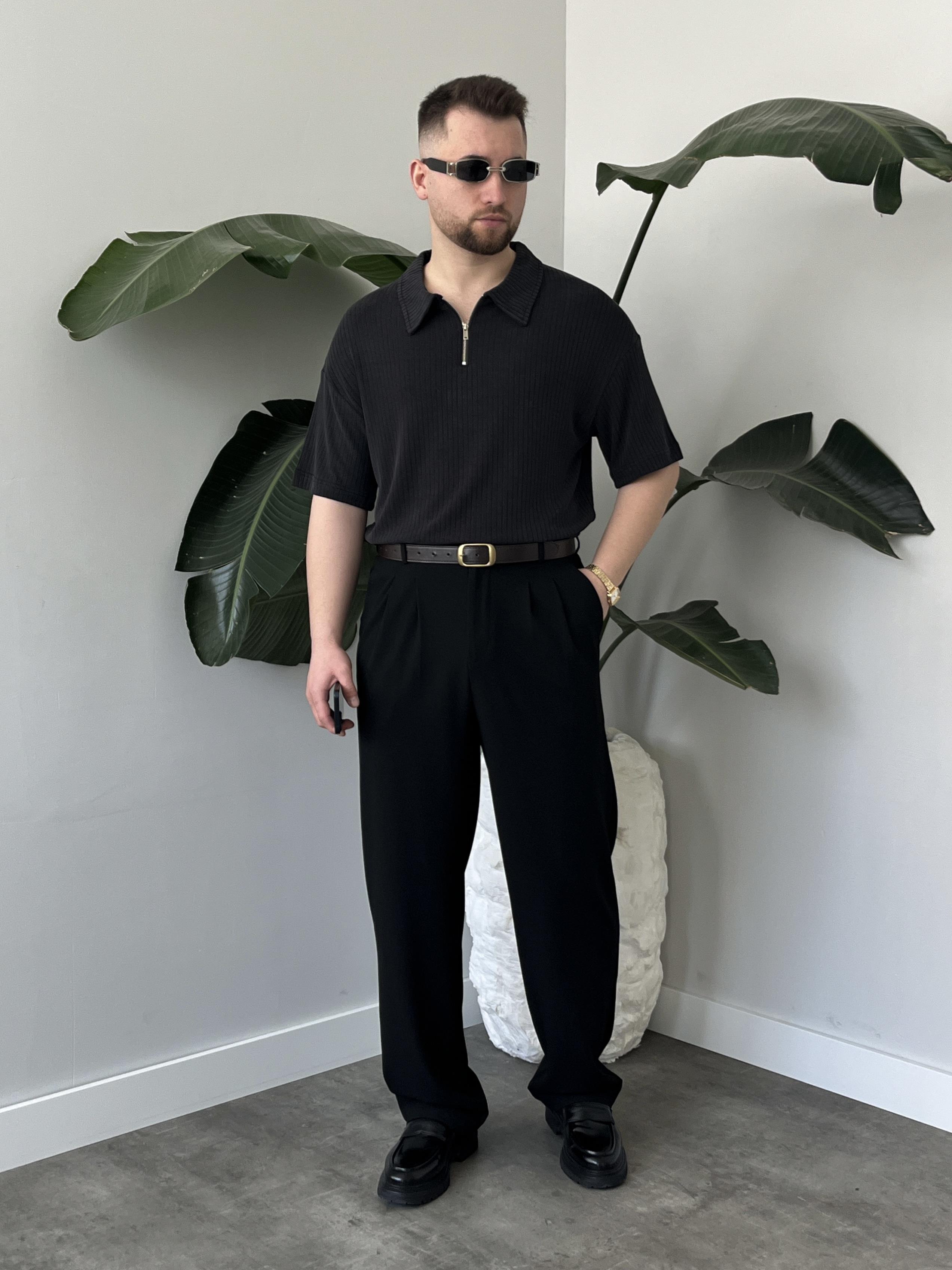 Onyx Siyah Yıkamalı Polo Yaka Yarım Fermuar T-Shirt