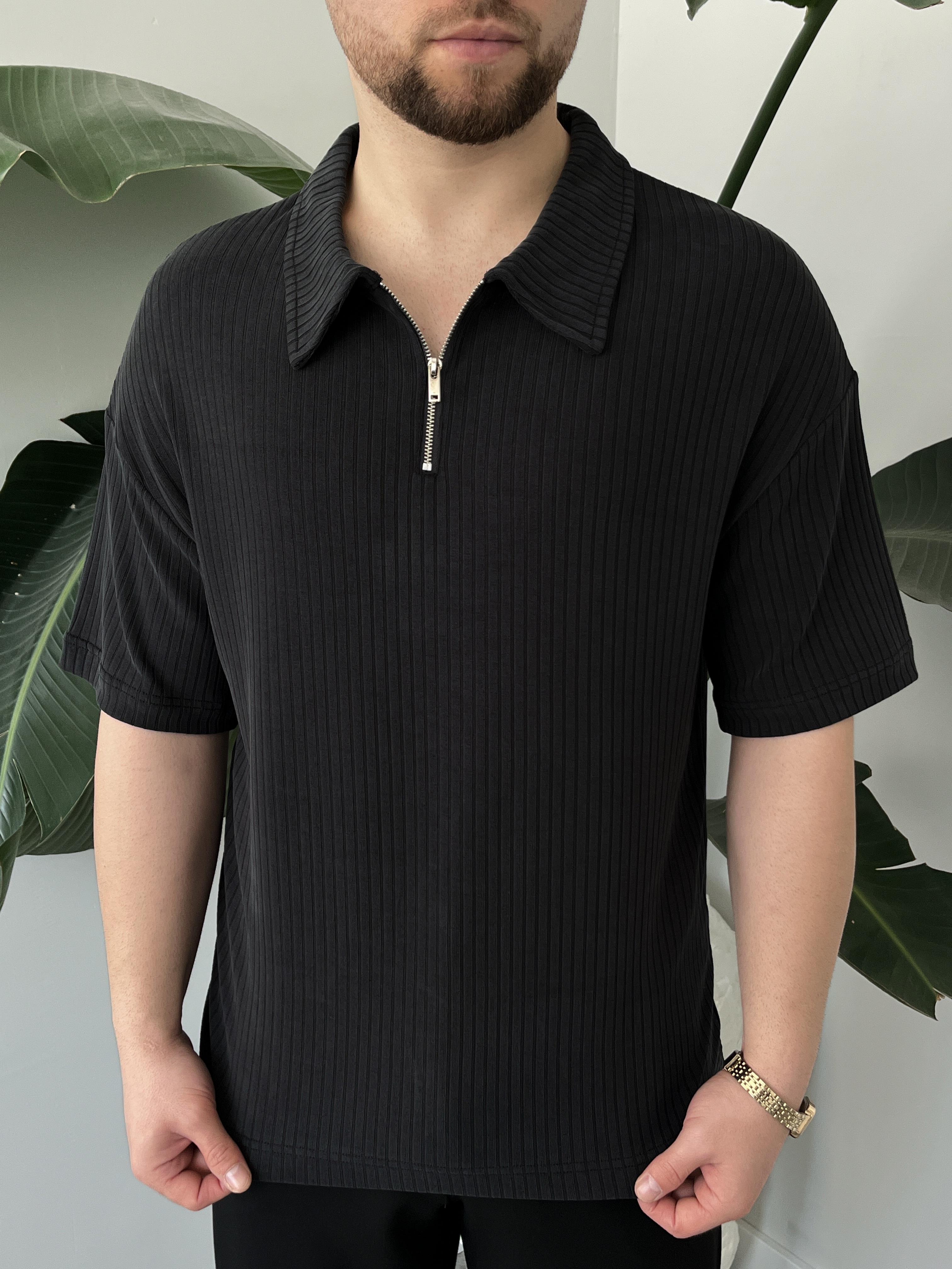 Onyx Siyah Yıkamalı Polo Yaka Yarım Fermuar T-Shirt