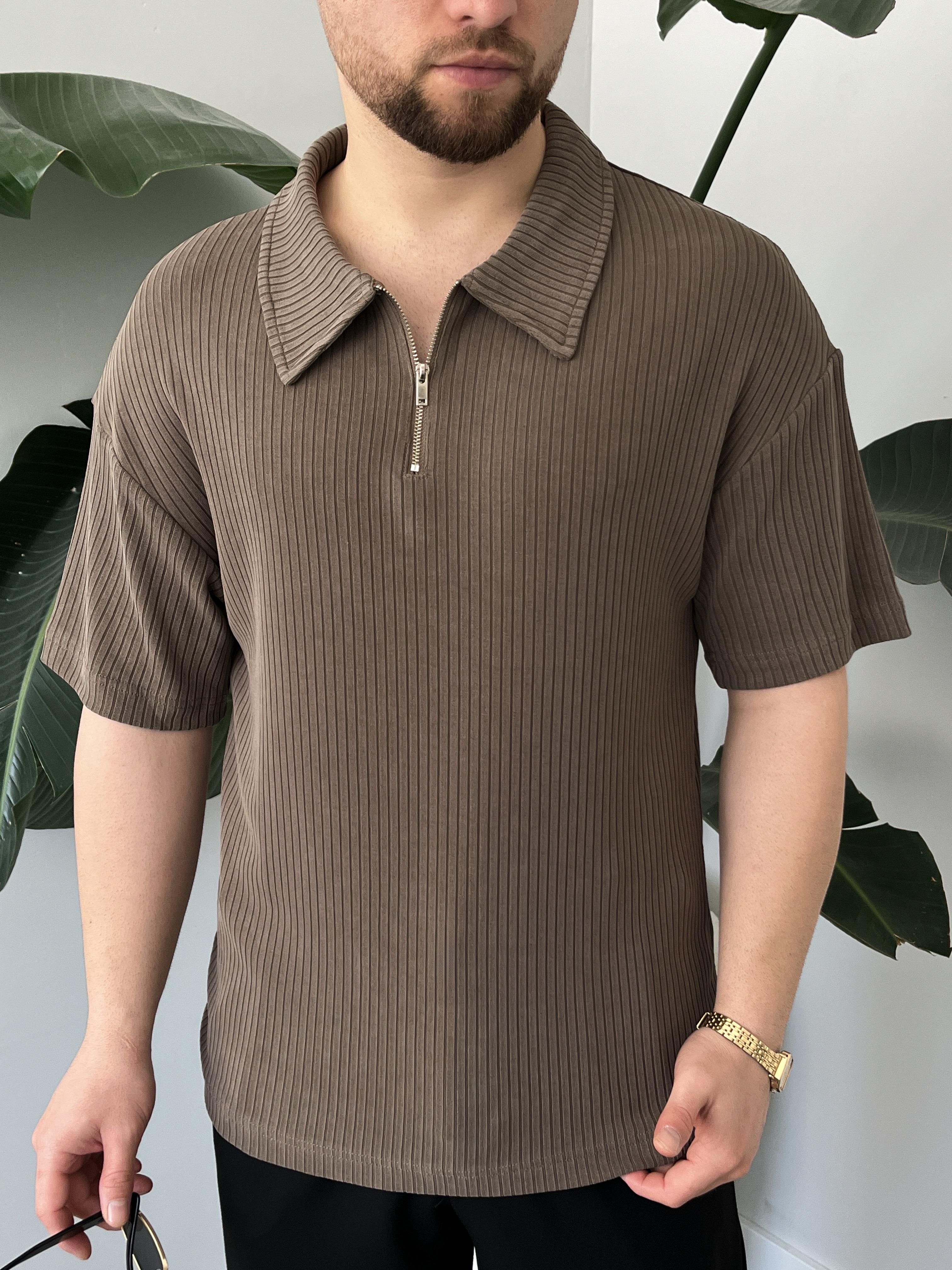 Onyx Vizon Yıkamalı Polo Yaka Yarım Fermuar T-Shirt