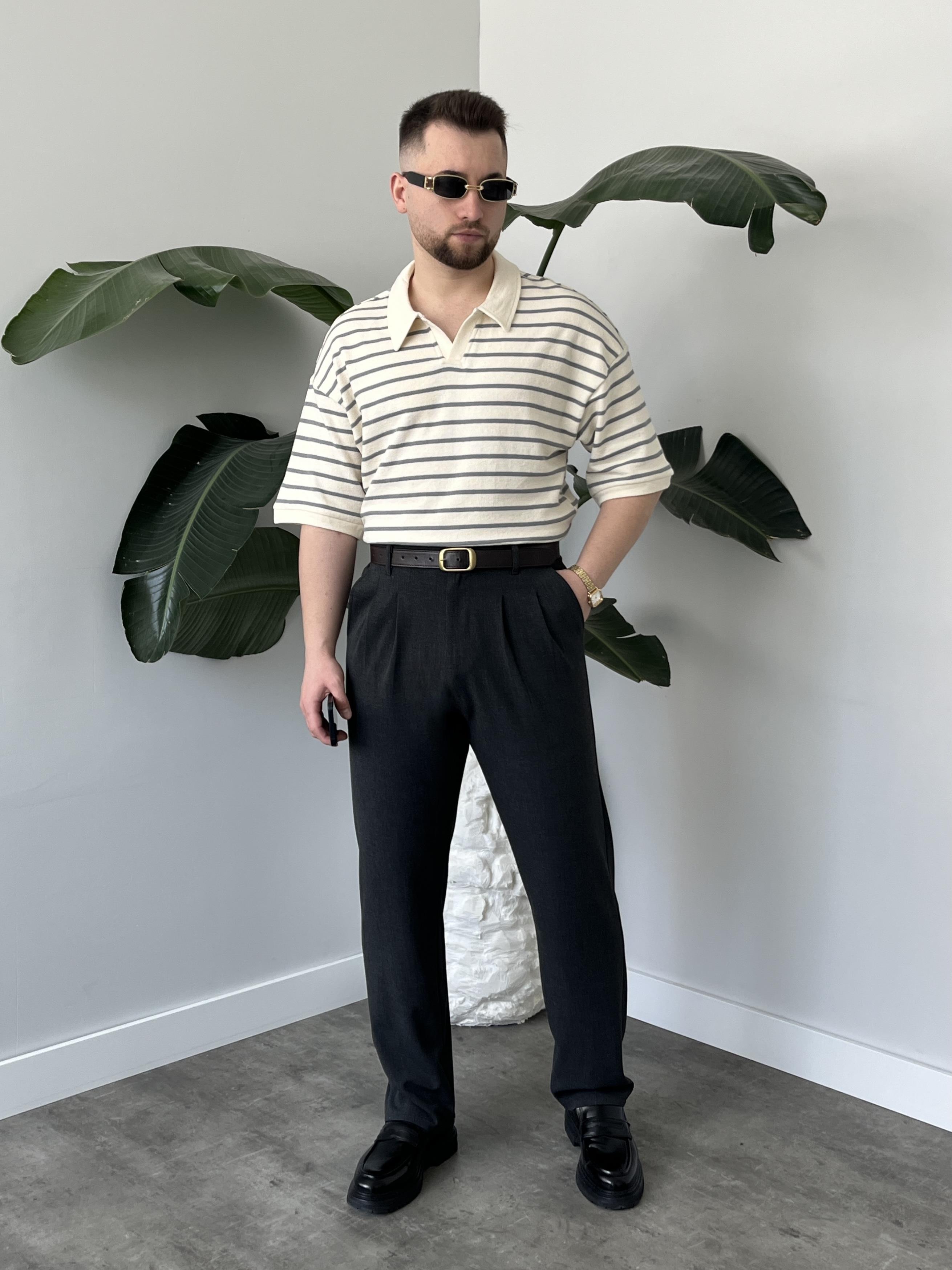 Oslo Gri Çizgili Polo Yaka Oversize T-shirt