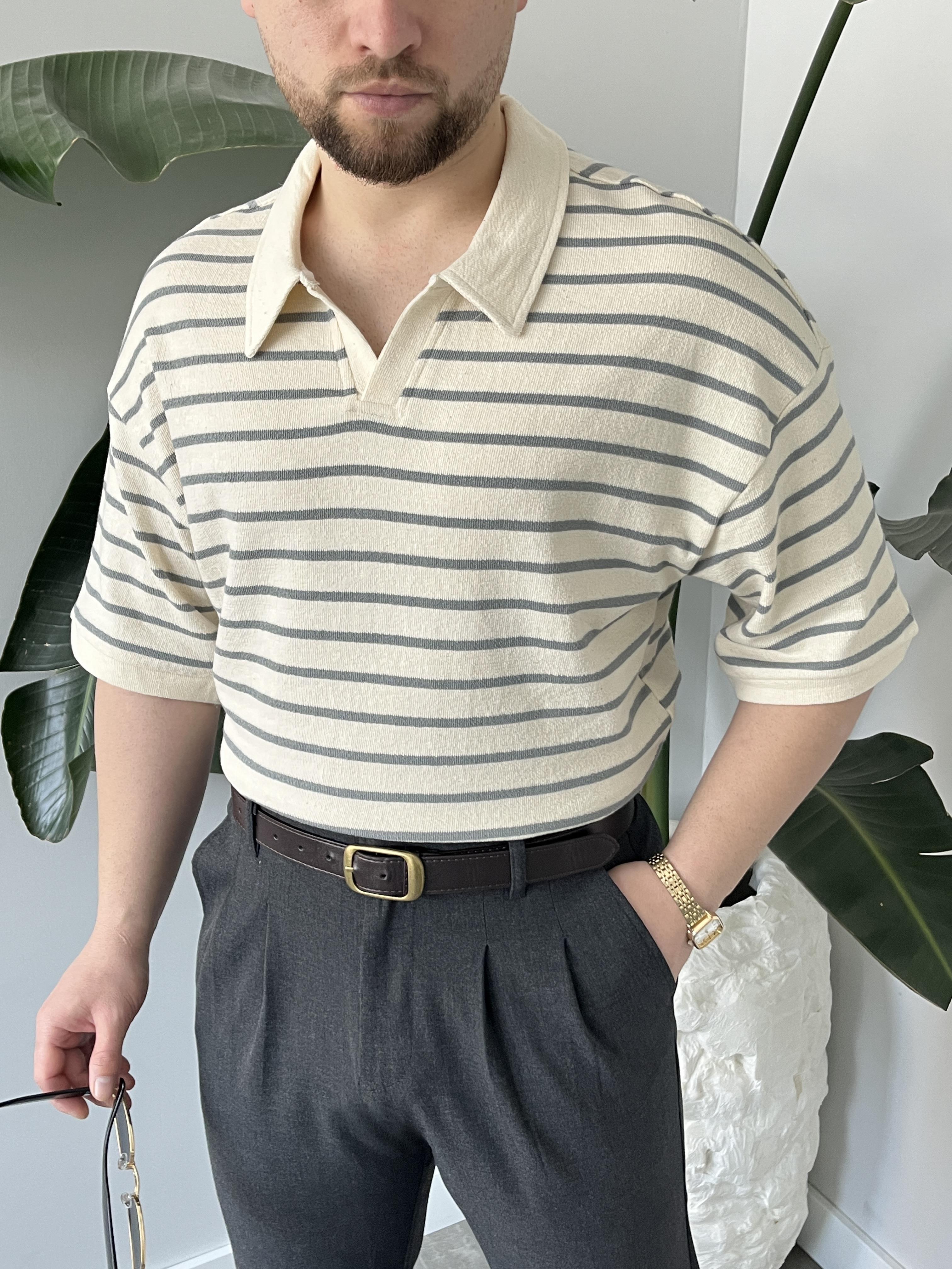 Oslo Gri Çizgili Polo Yaka Oversize T-shirt