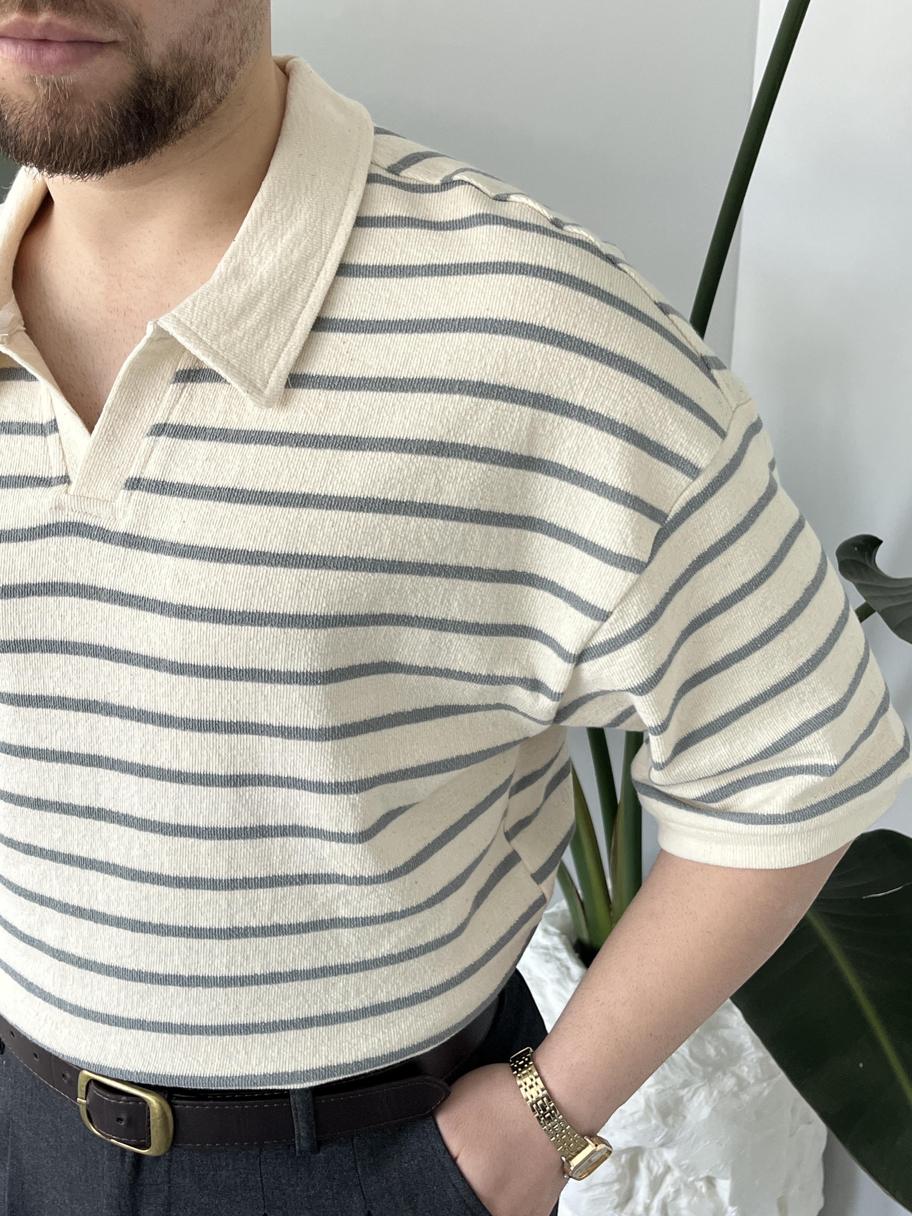 Oslo Gri Çizgili Polo Yaka Oversize T-shirt