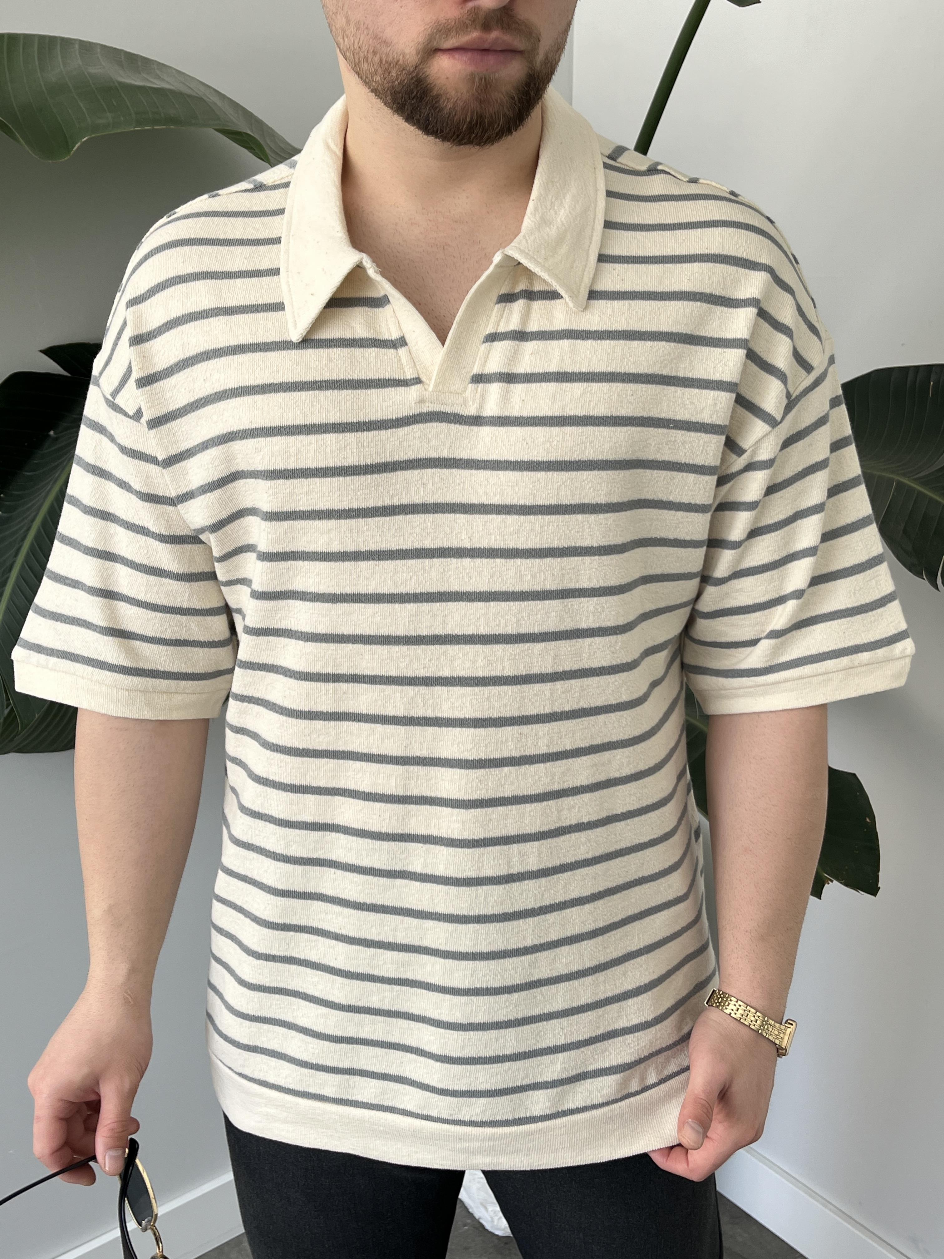 Oslo Gri Çizgili Polo Yaka Oversize T-shirt