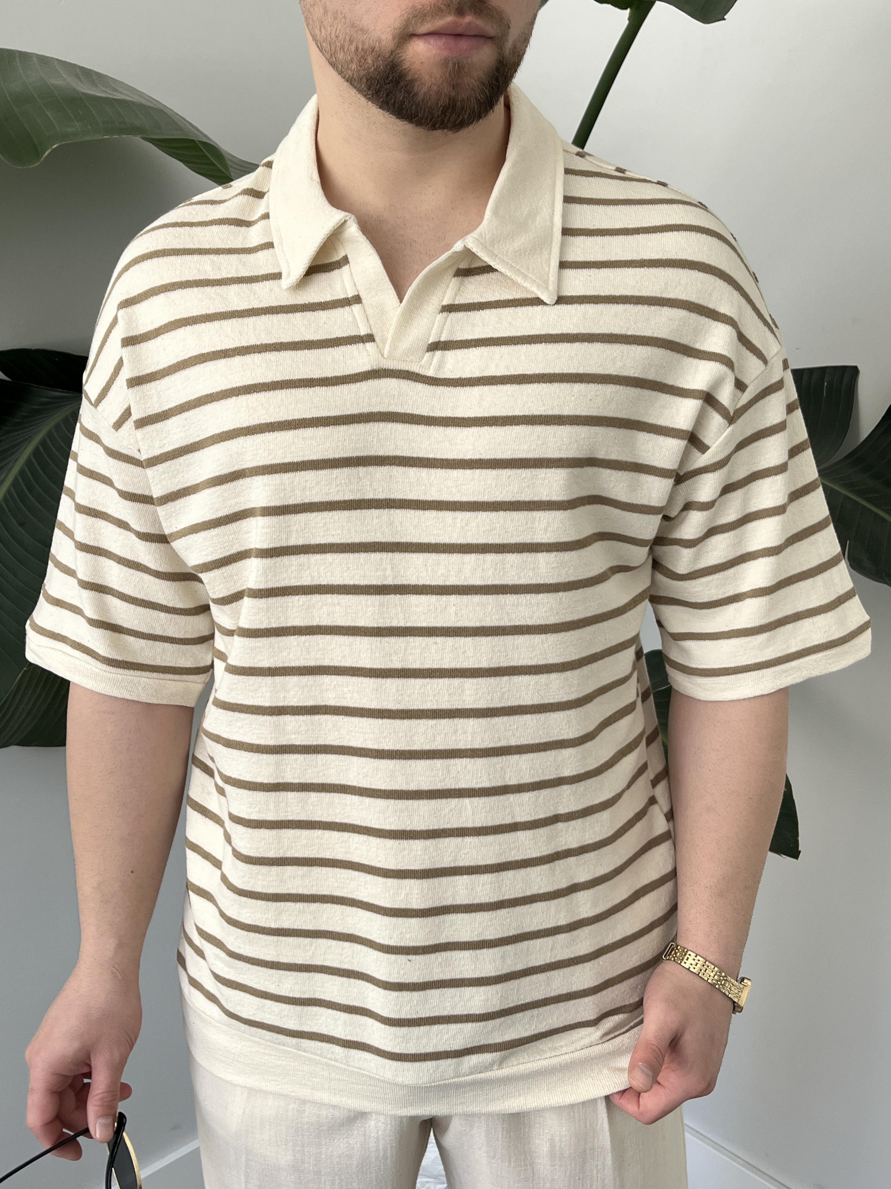 Oslo Kahve Çizgili Polo Yaka Oversize T-shirt