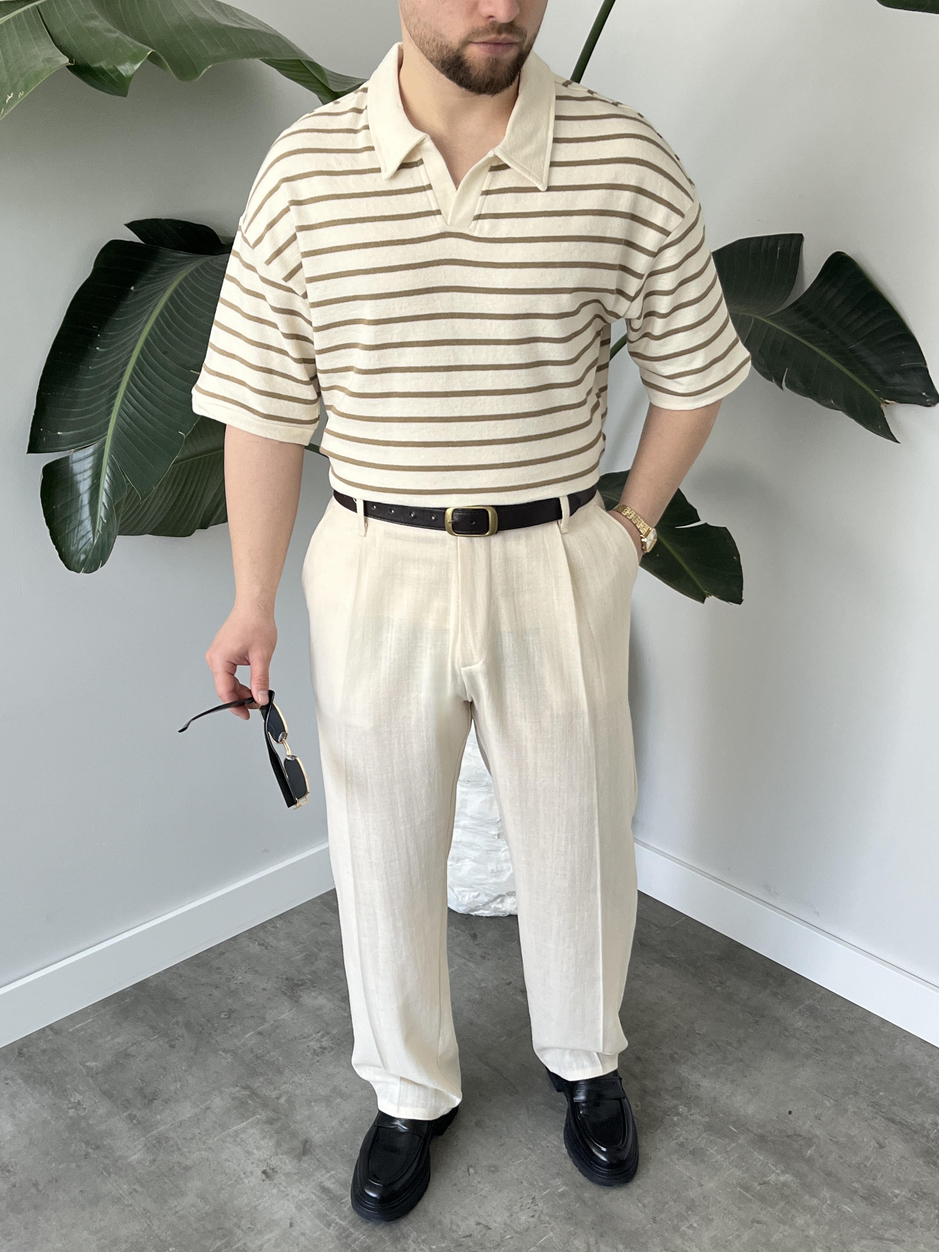 Oslo Kahve Çizgili Polo Yaka Oversize T-shirt