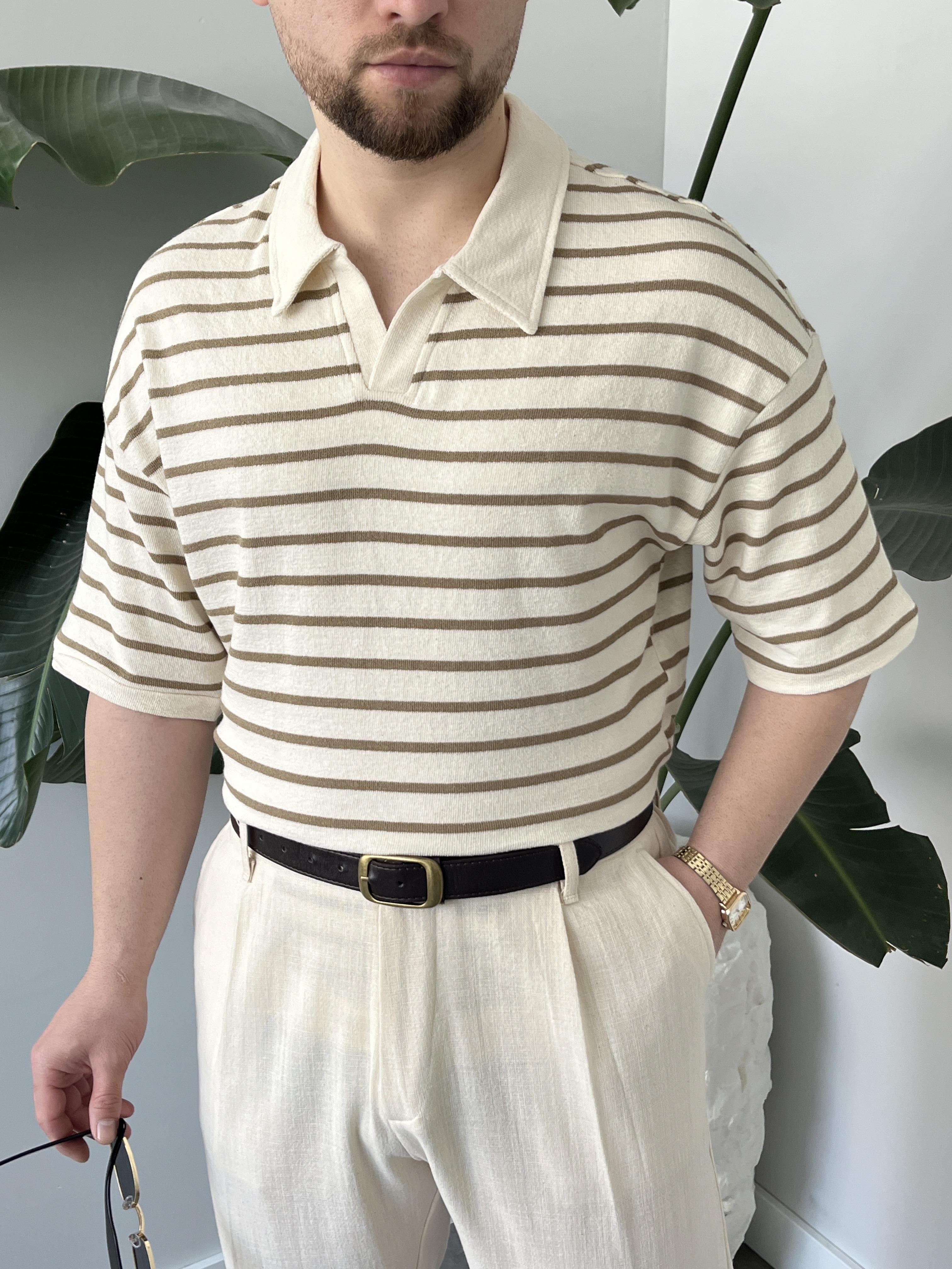 Oslo Kahve Çizgili Polo Yaka Oversize T-shirt