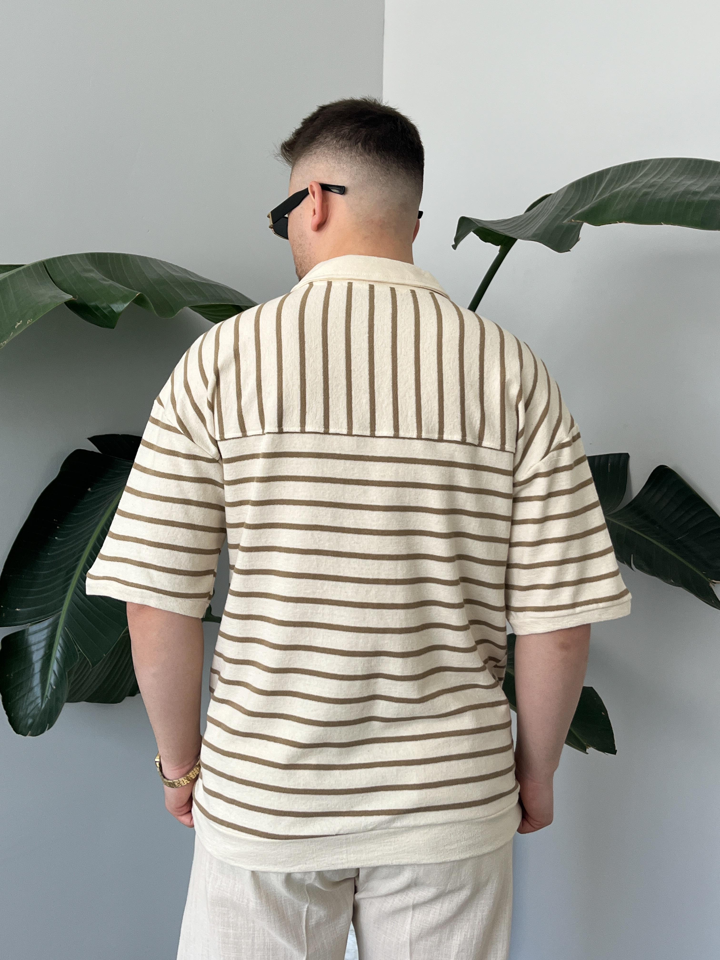 Oslo Kahve Çizgili Polo Yaka Oversize T-shirt