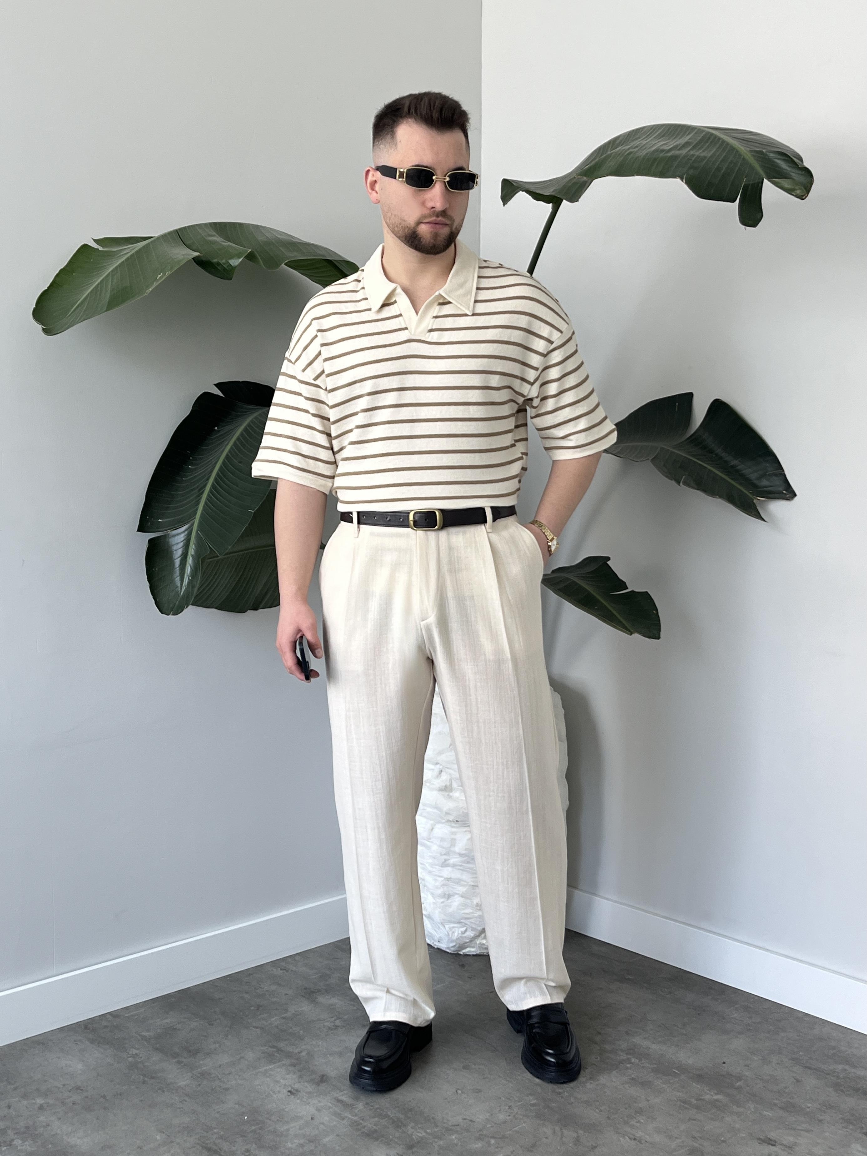 Oslo Kahve Çizgili Polo Yaka Oversize T-shirt
