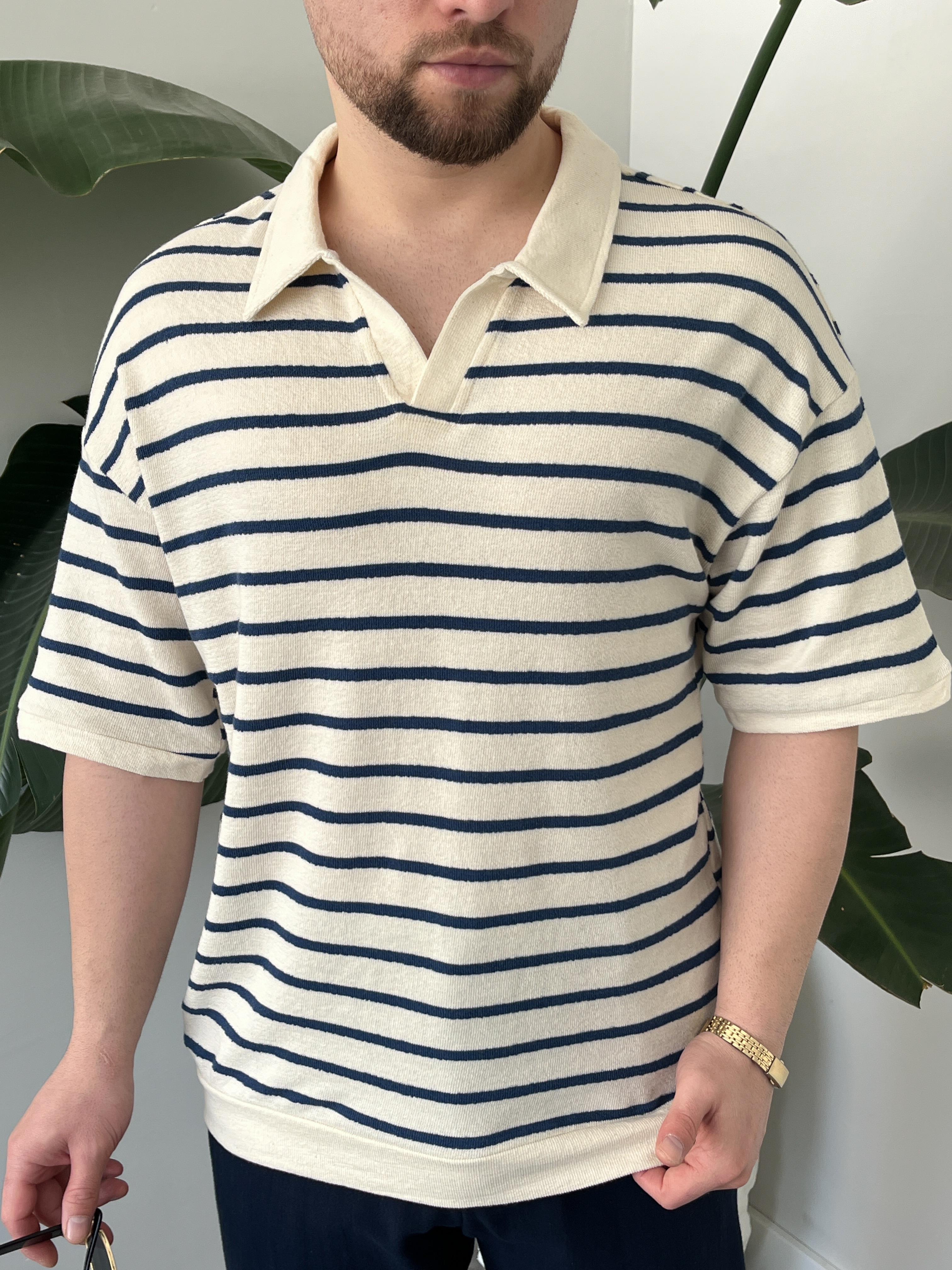 Oslo Lacivert Çizgili Polo Yaka Oversize T-shirt