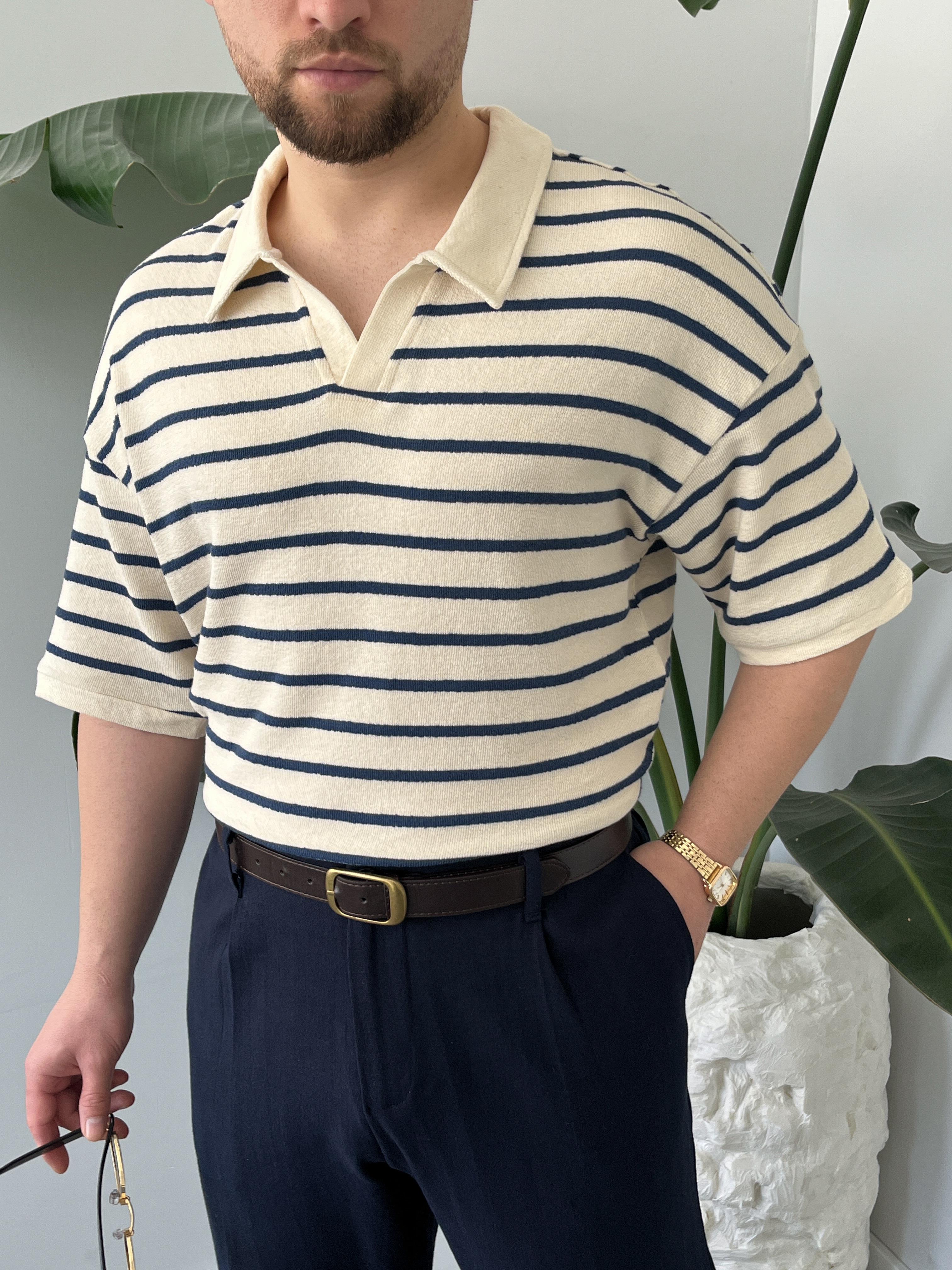 Oslo Lacivert Çizgili Polo Yaka Oversize T-shirt
