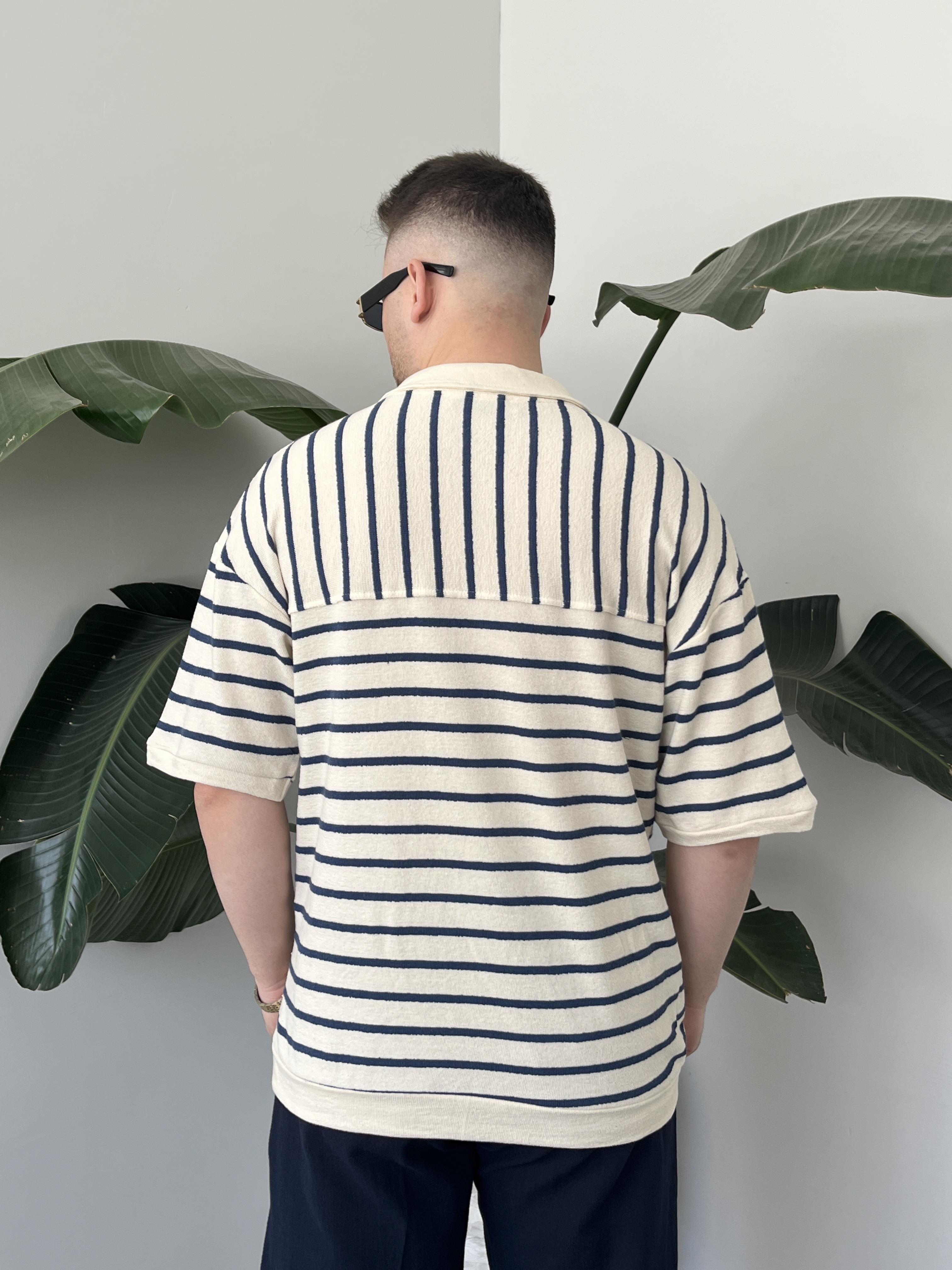 Oslo Lacivert Çizgili Polo Yaka Oversize T-shirt