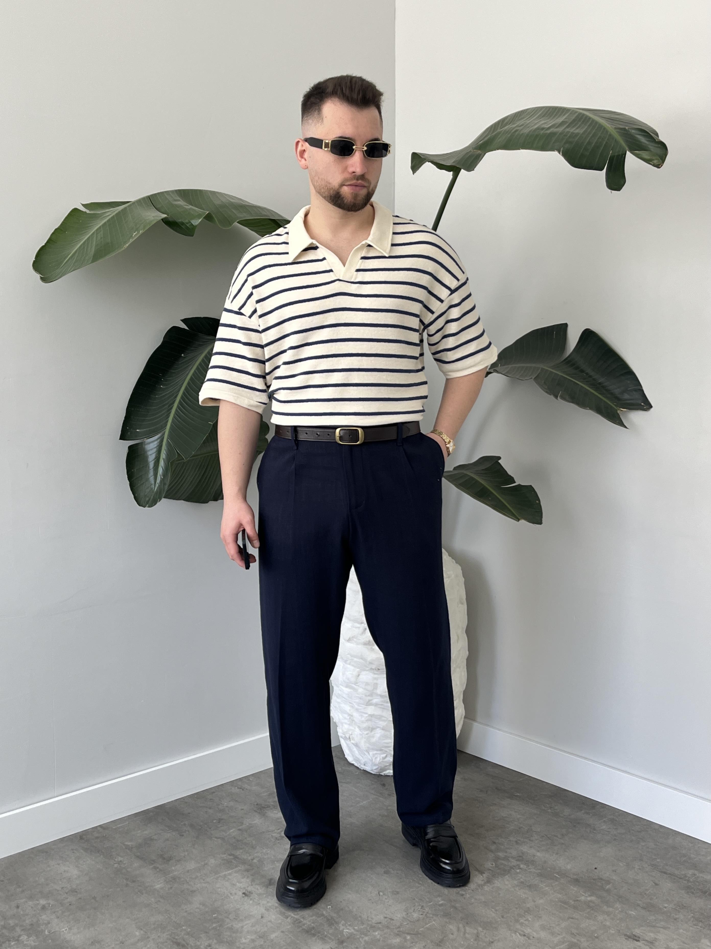 Oslo Lacivert Çizgili Polo Yaka Oversize T-shirt