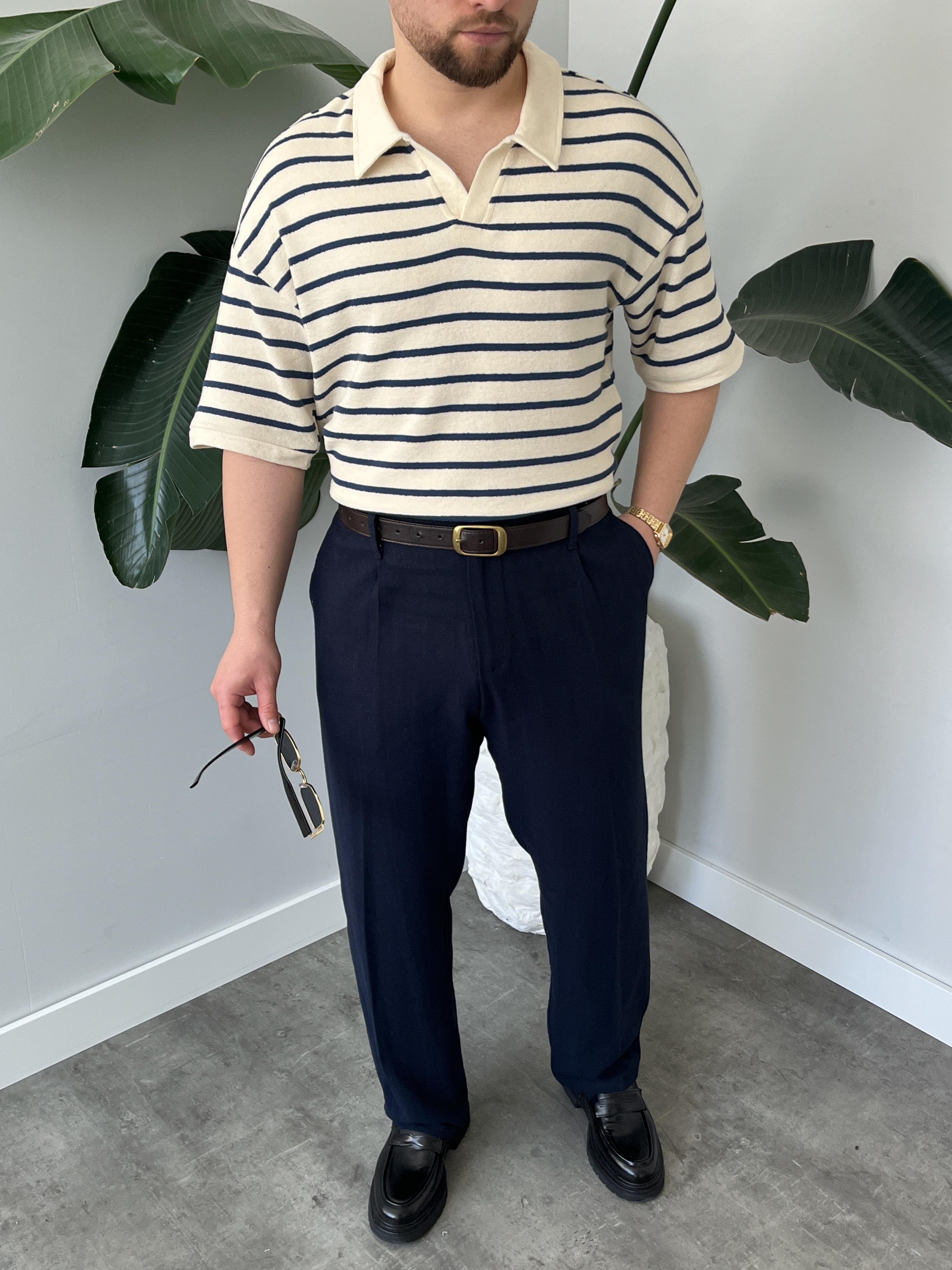 Oslo Lacivert Çizgili Polo Yaka Oversize T-shirt