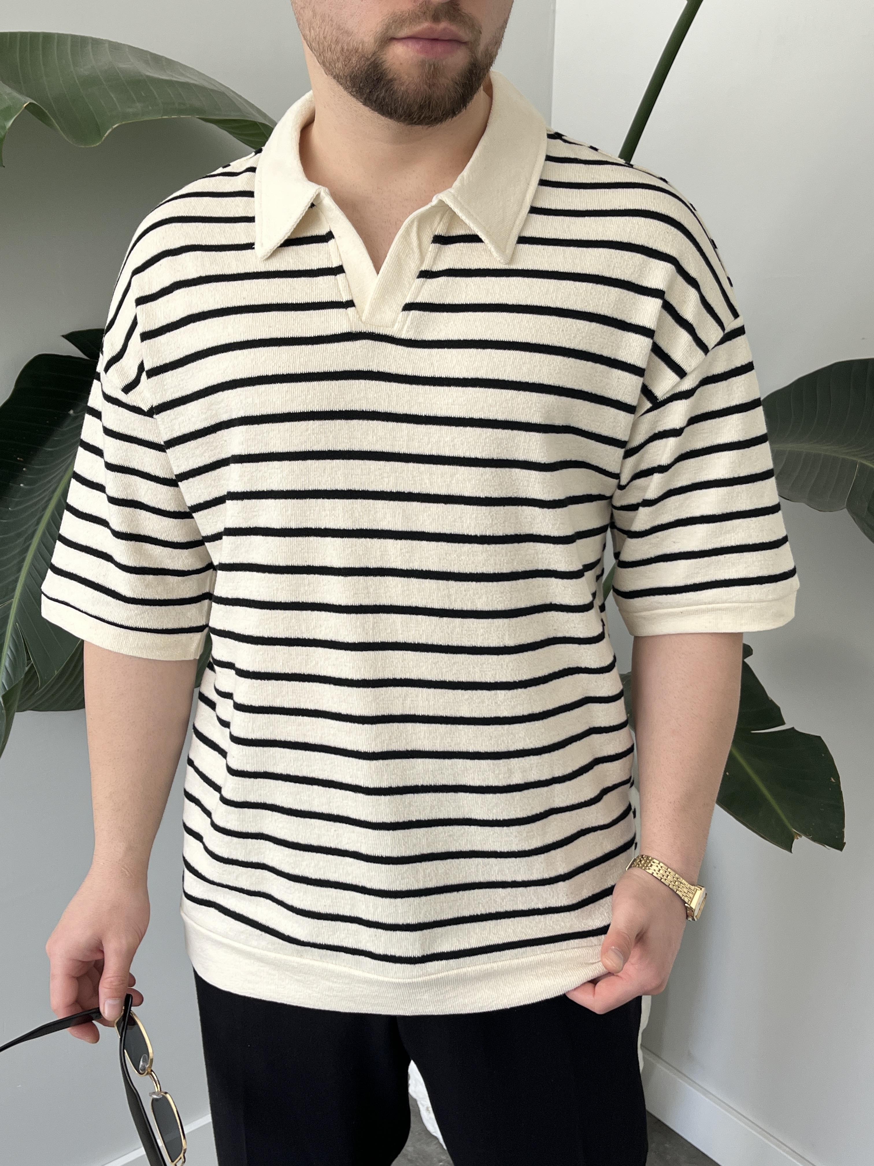Oslo Siyah Çizgili Polo Yaka Oversize T-shirt