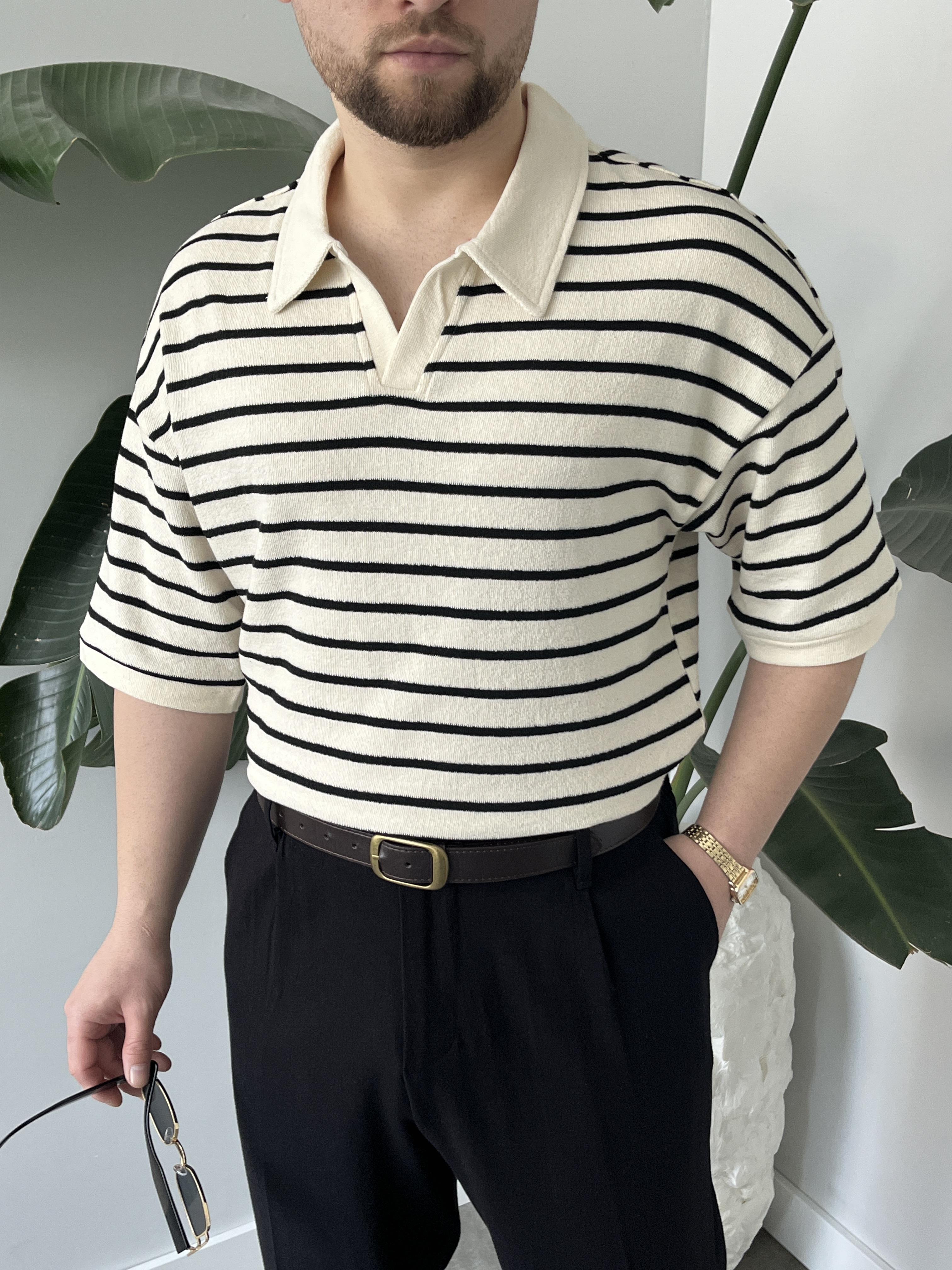 Oslo Siyah Çizgili Polo Yaka Oversize T-shirt