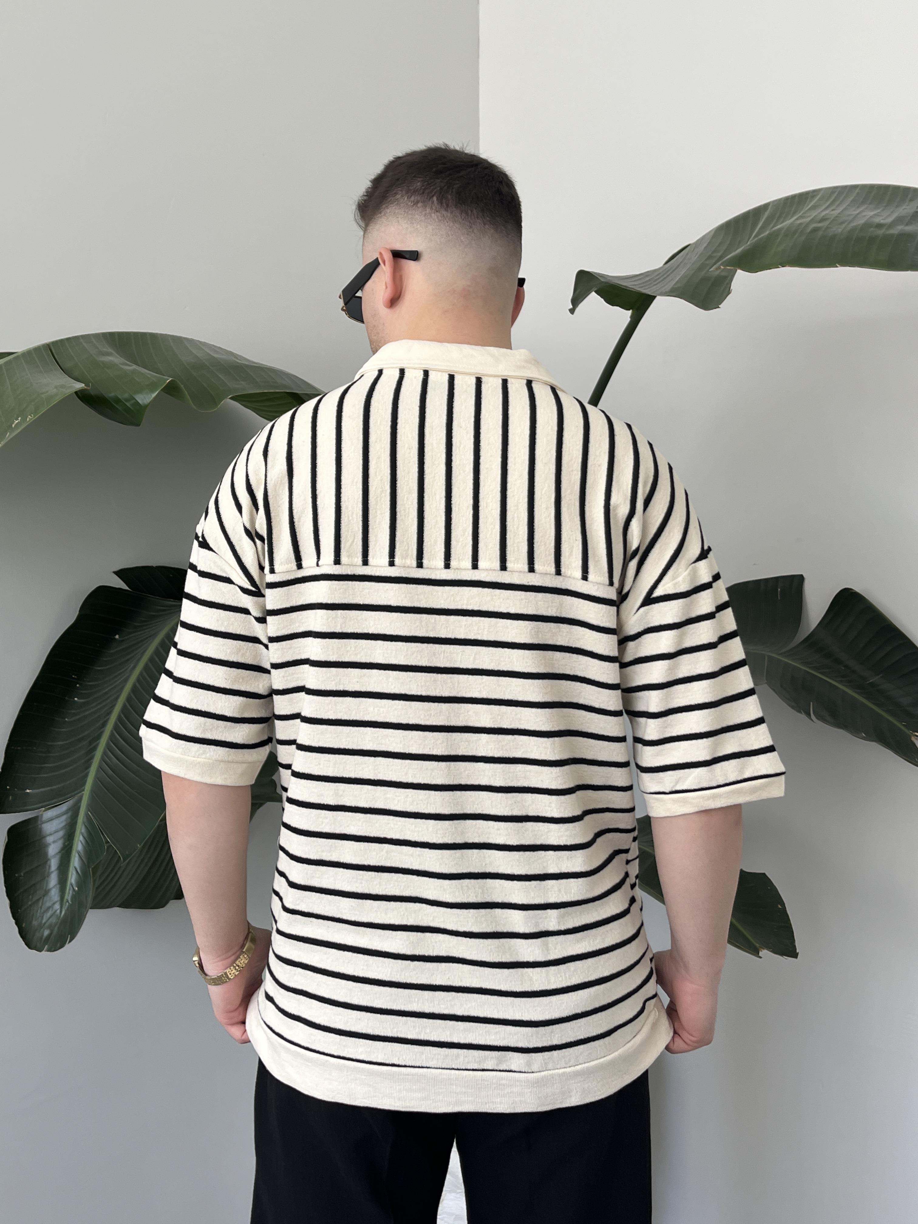 Oslo Siyah Çizgili Polo Yaka Oversize T-shirt