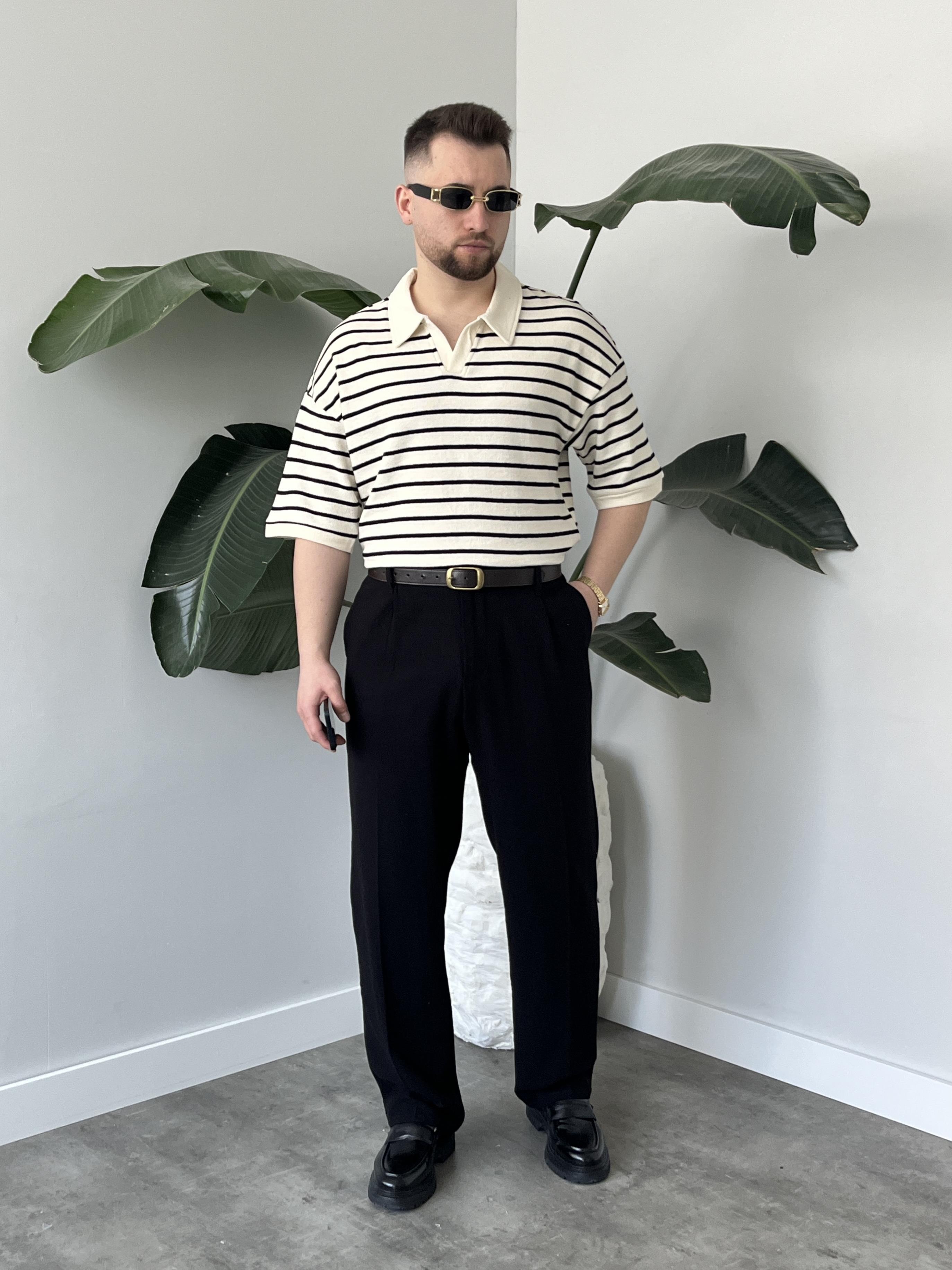 Oslo Siyah Çizgili Polo Yaka Oversize T-shirt