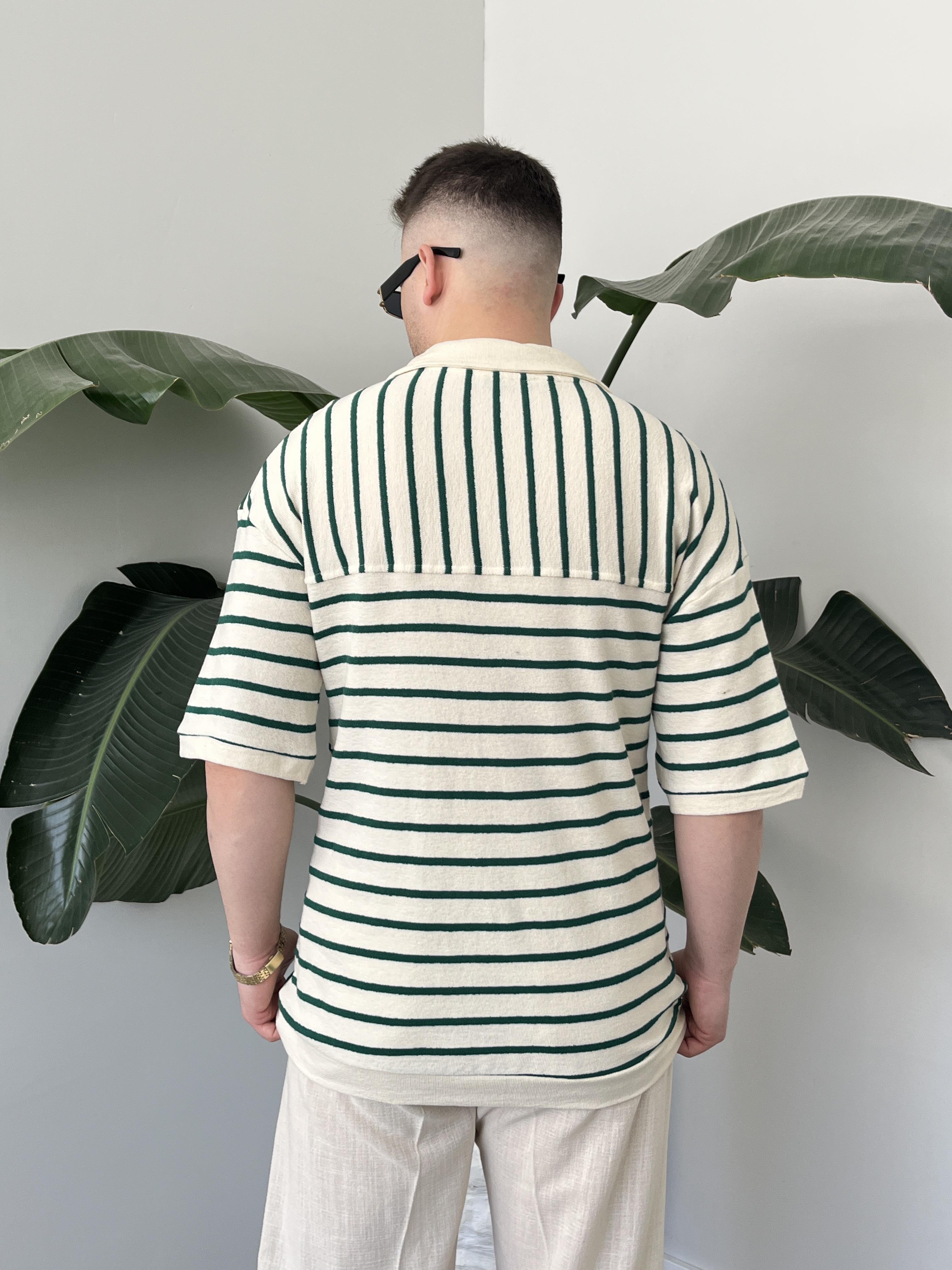 Oslo Zümrüt Çizgili Polo Yaka Oversize T-shirt