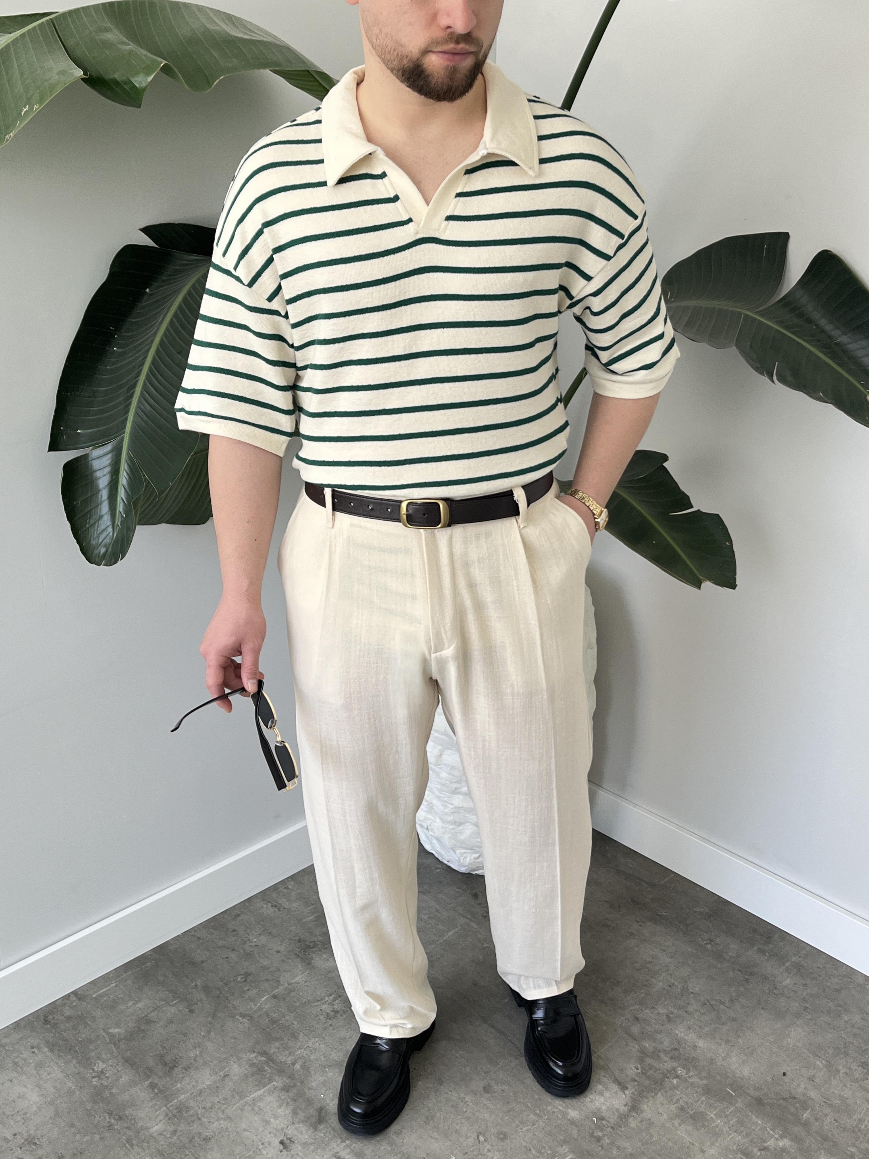 Oslo Zümrüt Çizgili Polo Yaka Oversize T-shirt