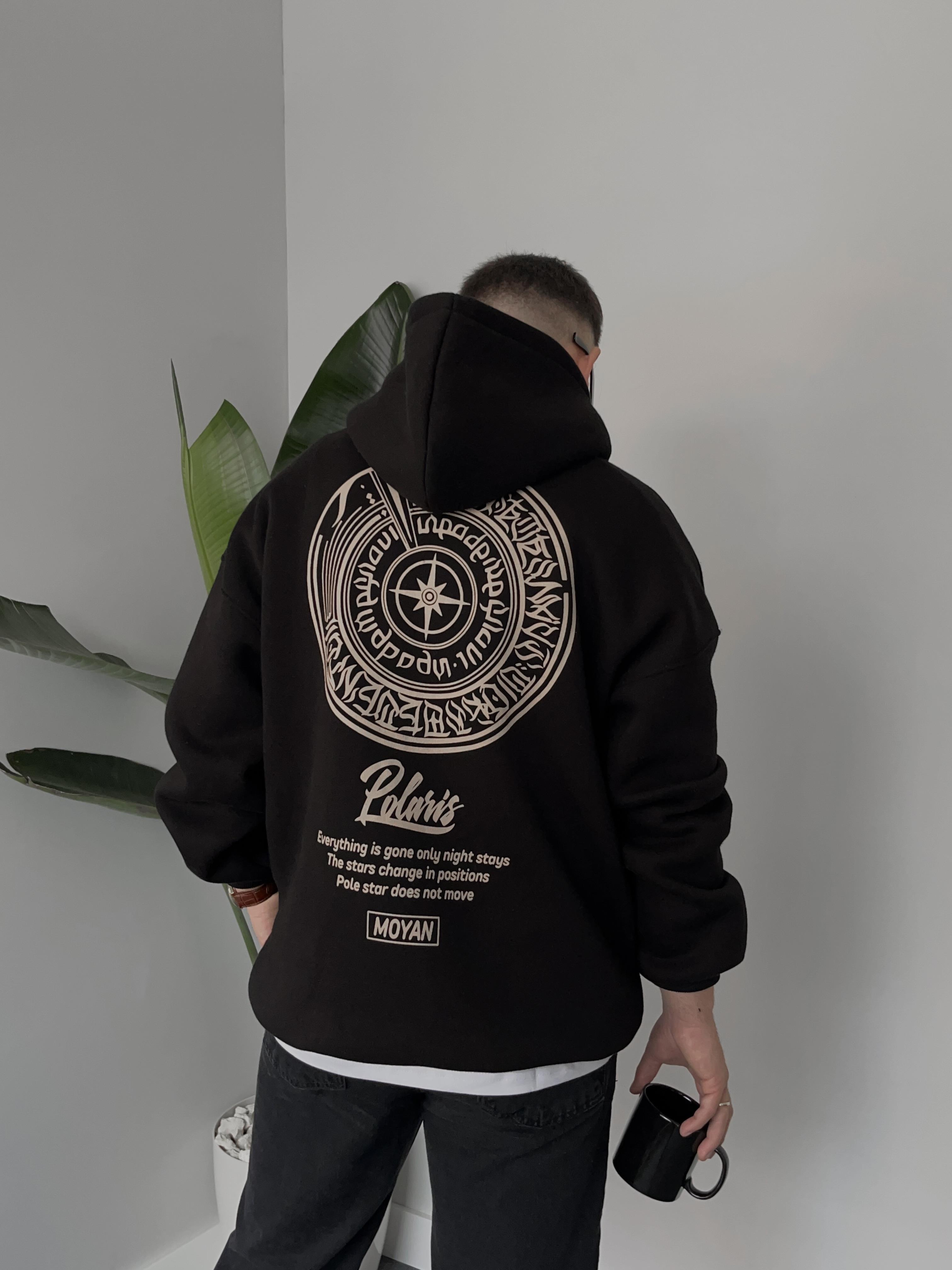 Polaris Baskılı Siyah Oversize Hoodie