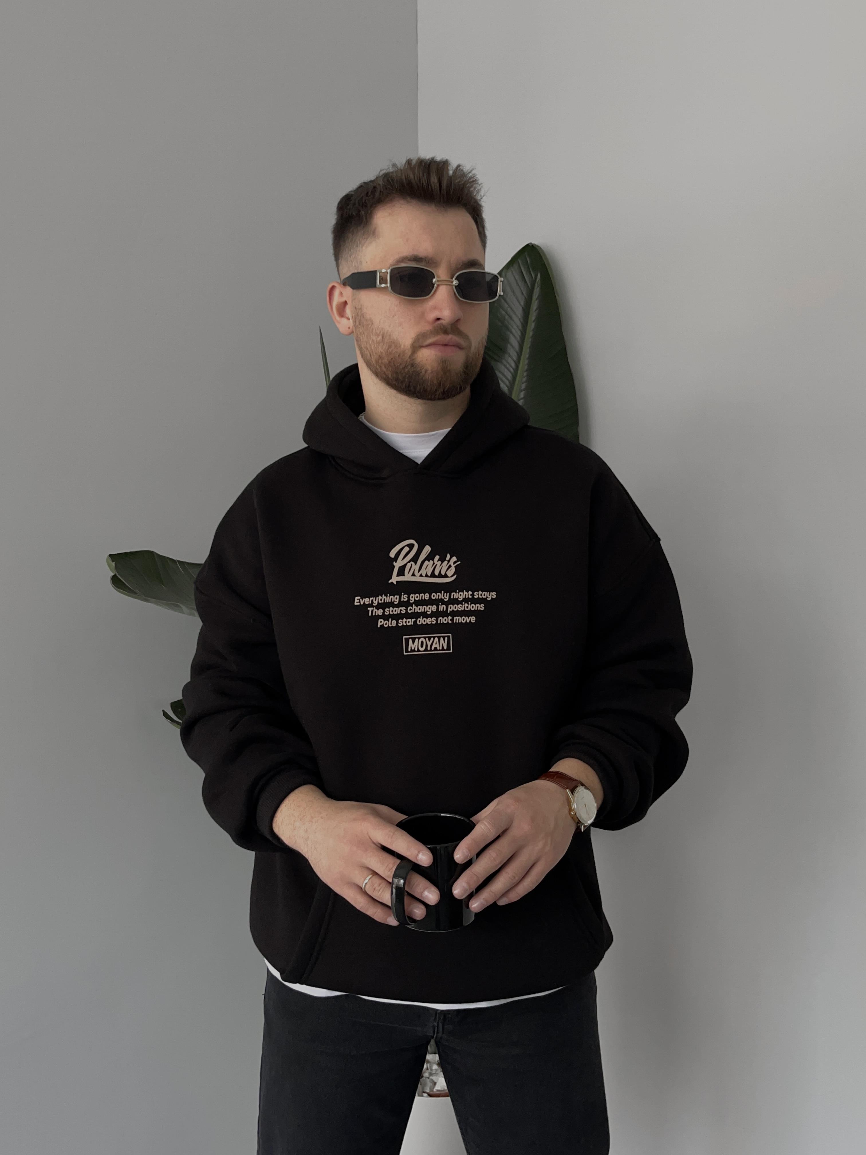 Polaris Baskılı Siyah Oversize Hoodie
