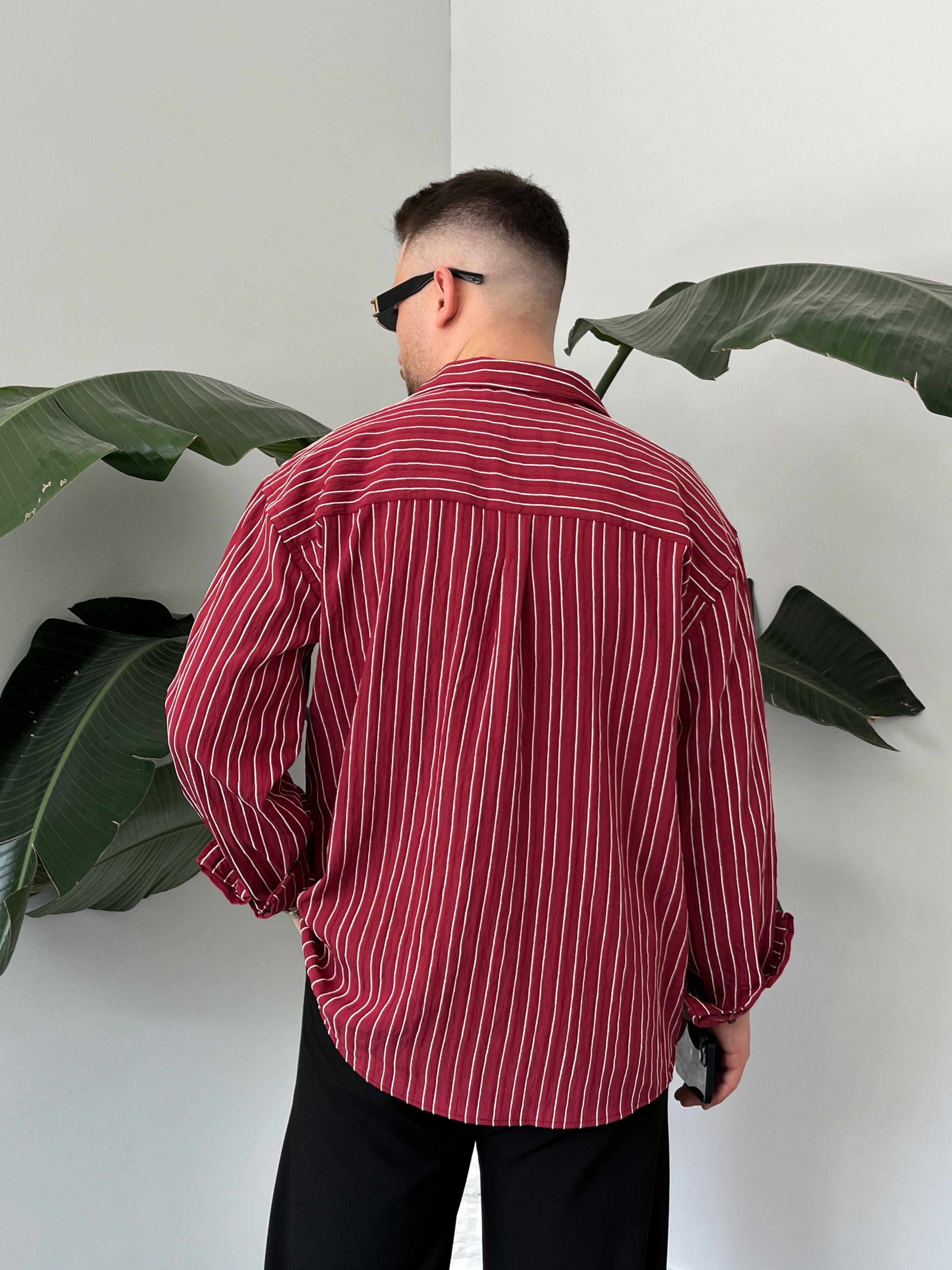 Ravel Bordo Çizgili Oversize Gömlek 