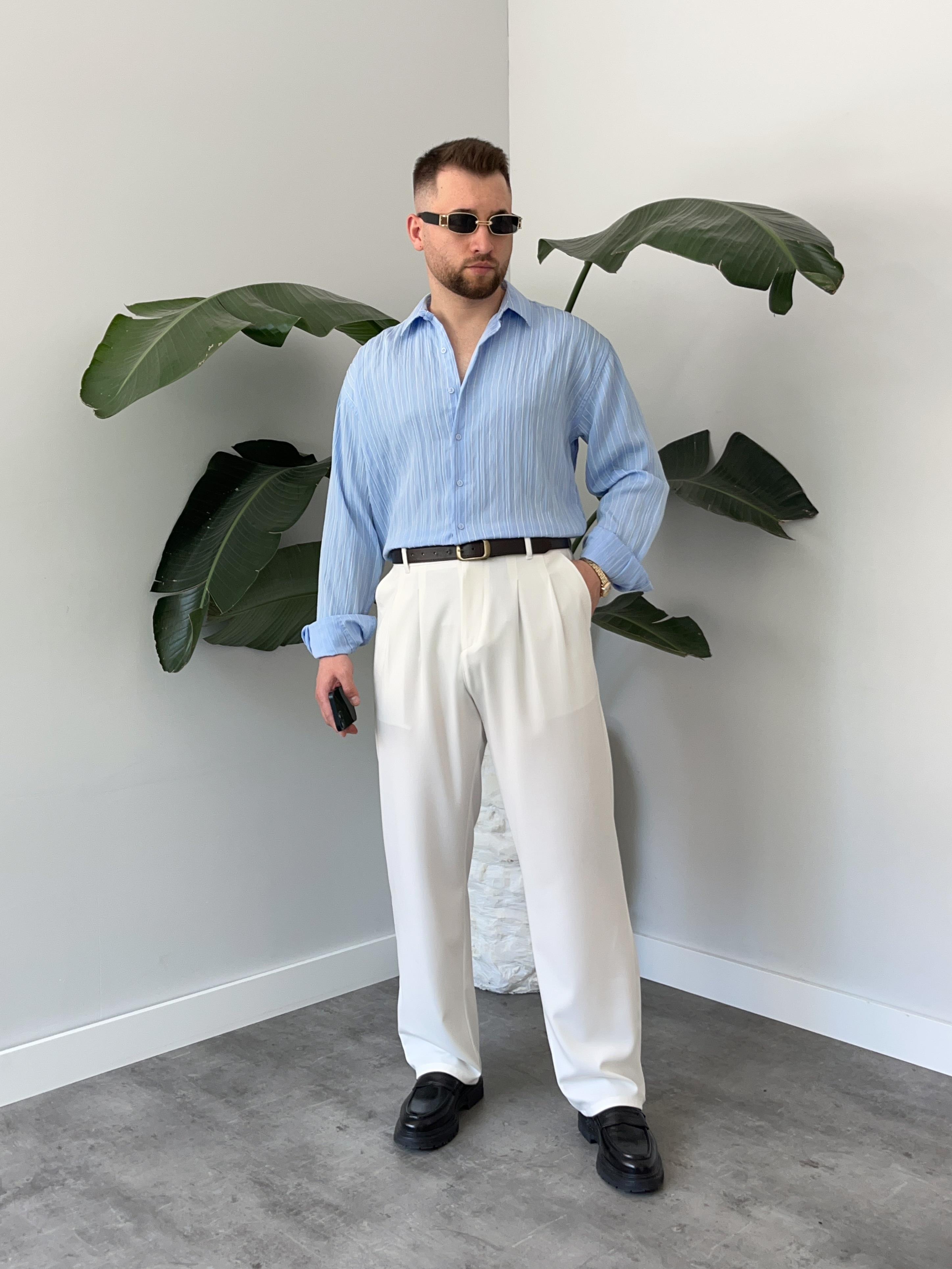 Ravel Buz Mavi Çizgili Oversize Gömlek 