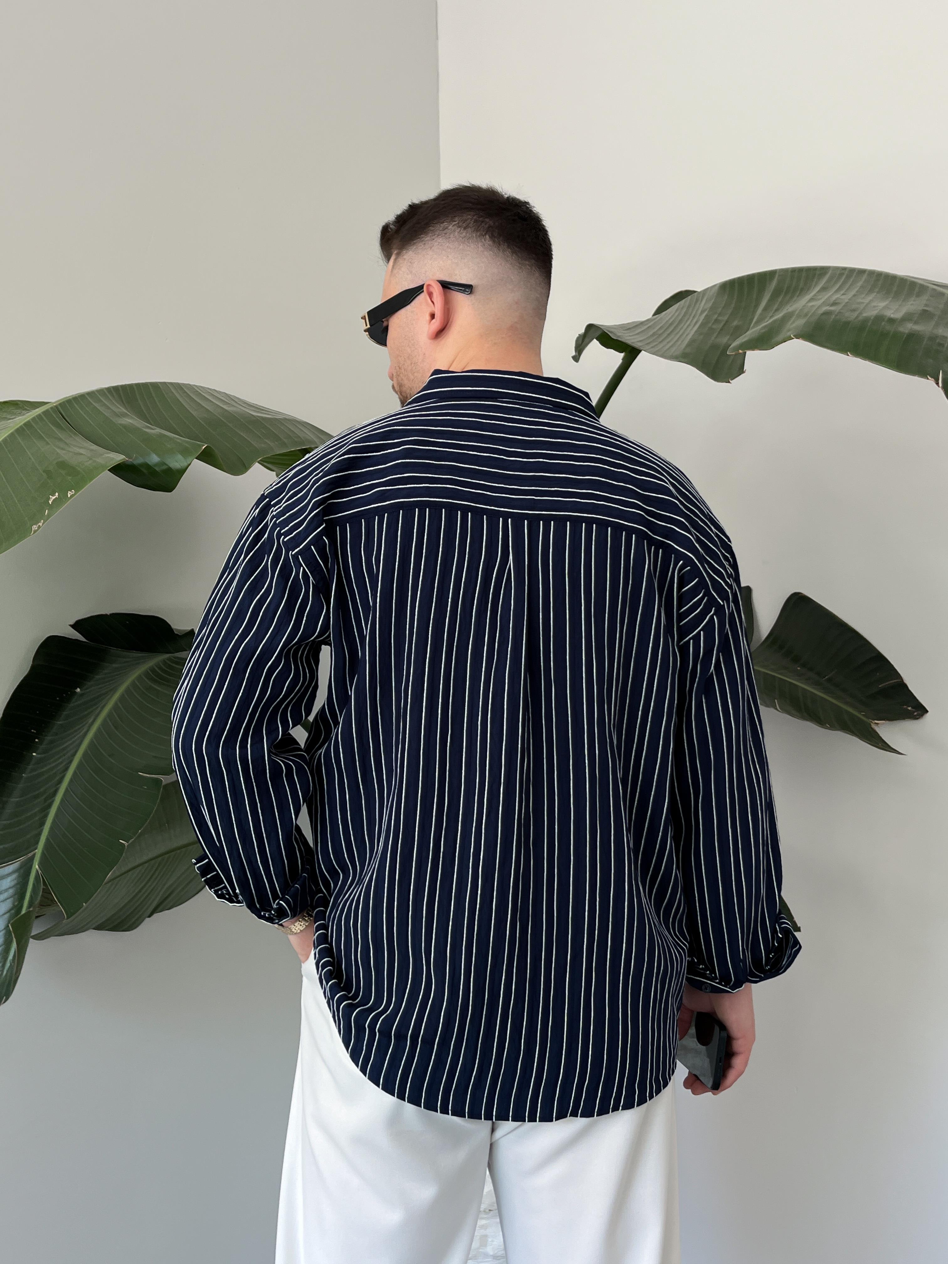 Ravel Lacivert Çizgili Oversize Gömlek 