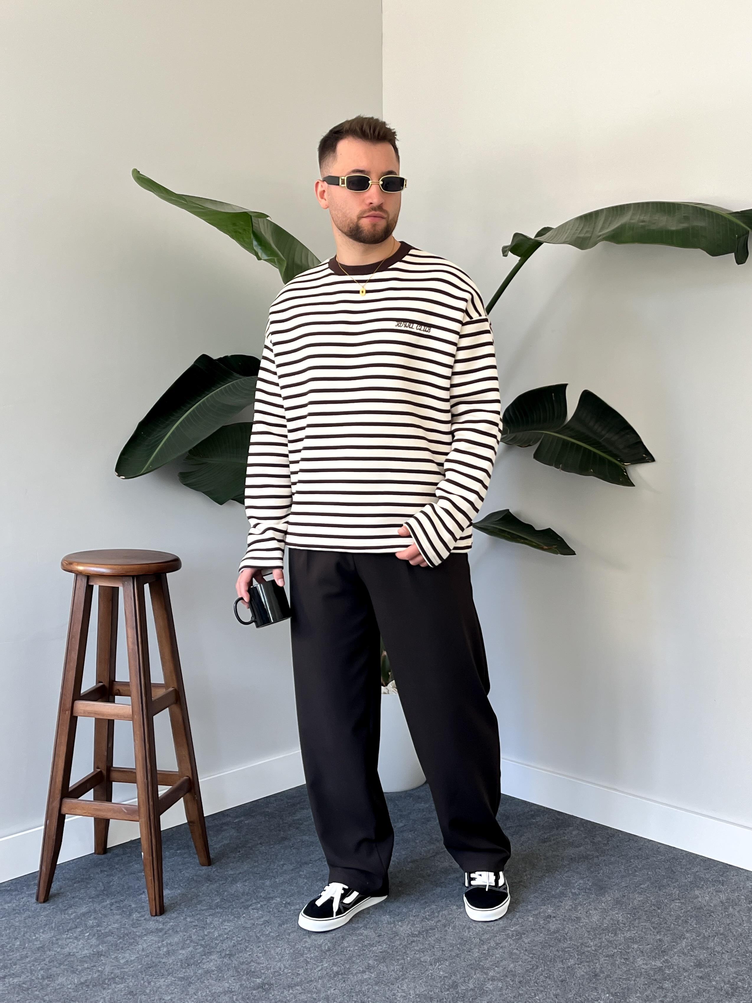 Royal Club Acı Kahve Çizgili Üç İplik Şardonlu Sweatshirt