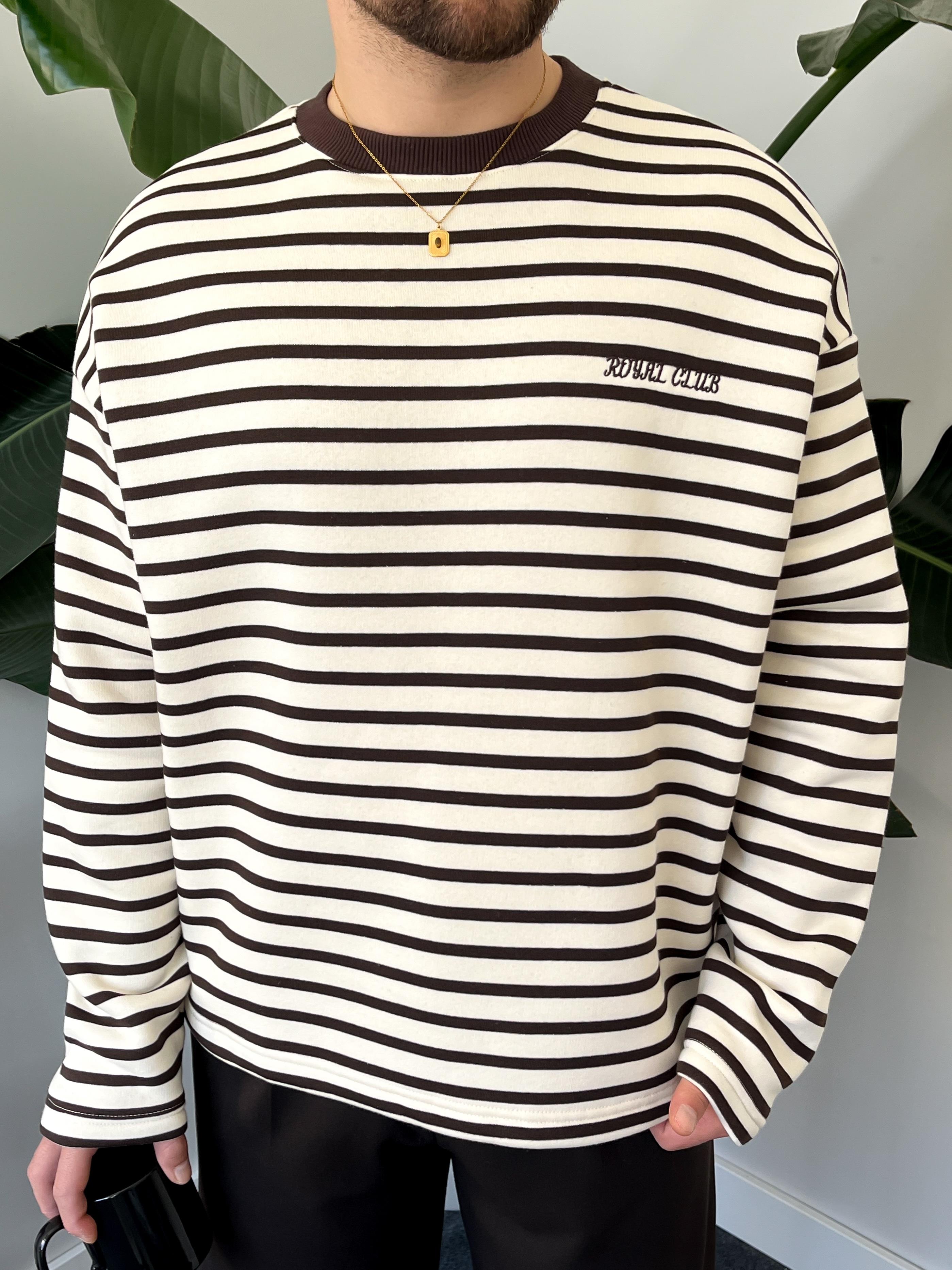 Royal Club Acı Kahve Çizgili Üç İplik Şardonlu Sweatshirt