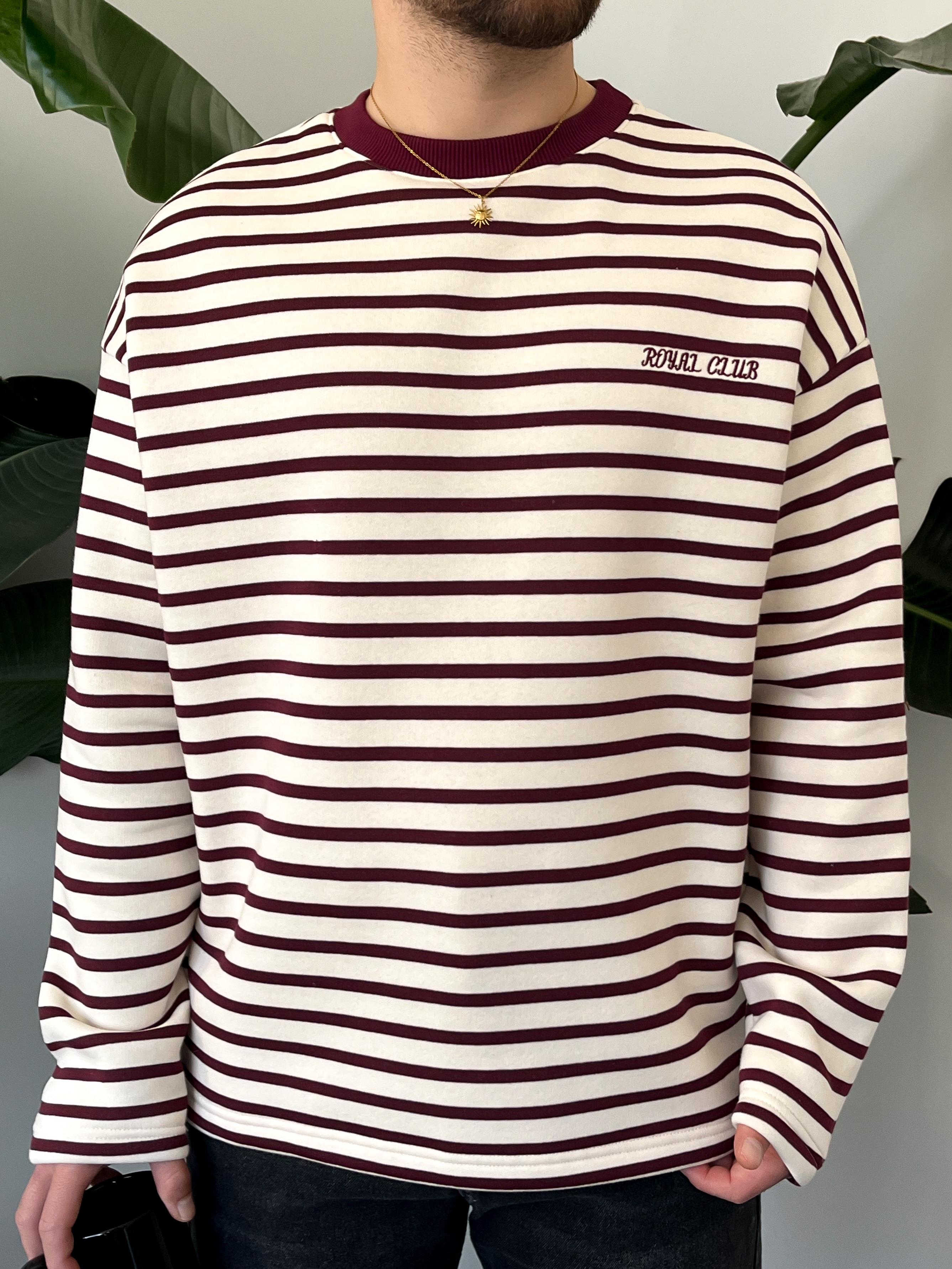 Royal Club Bordo Çizgili Üç İplik Şardonlu Sweatshirt