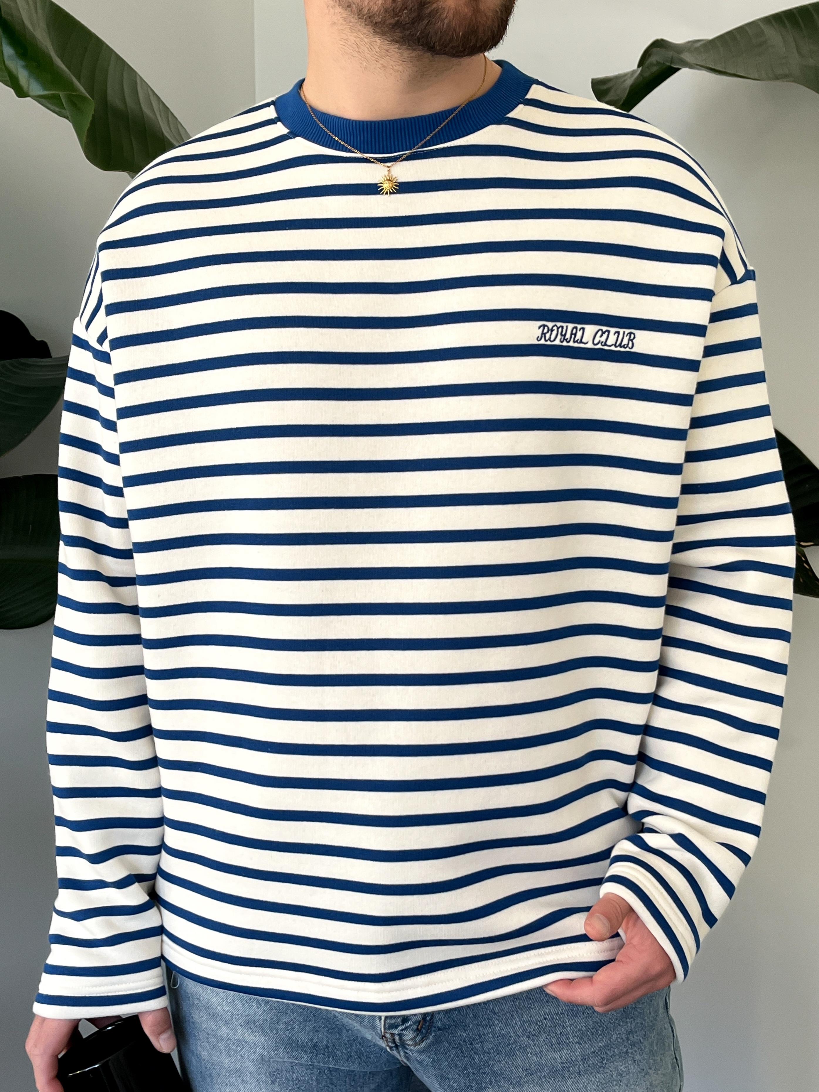 Royal Club Mavi Çizgili Üç İplik Şardonlu Sweatshirt 