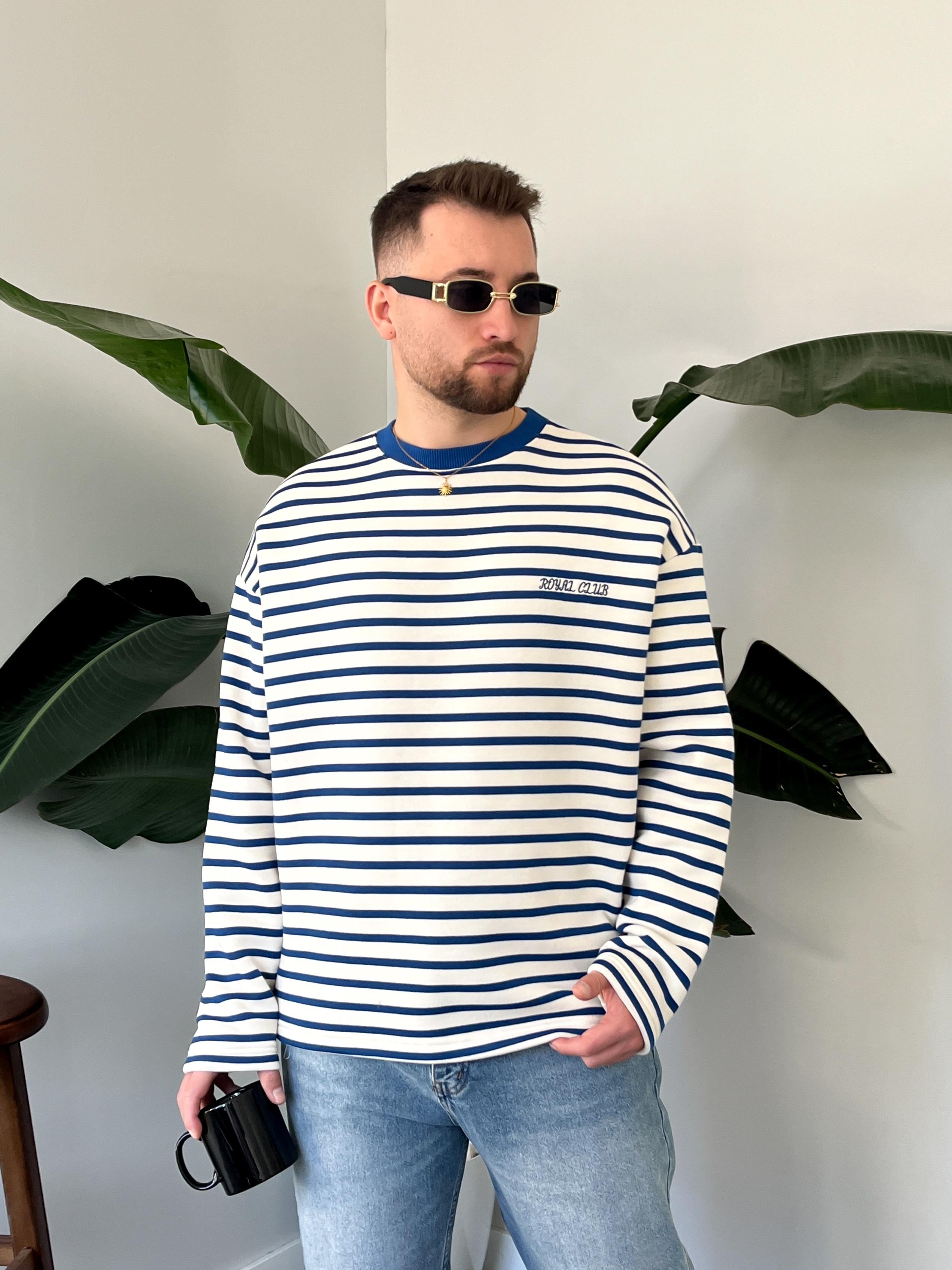 Royal Club Mavi Çizgili Üç İplik Şardonlu Sweatshirt 