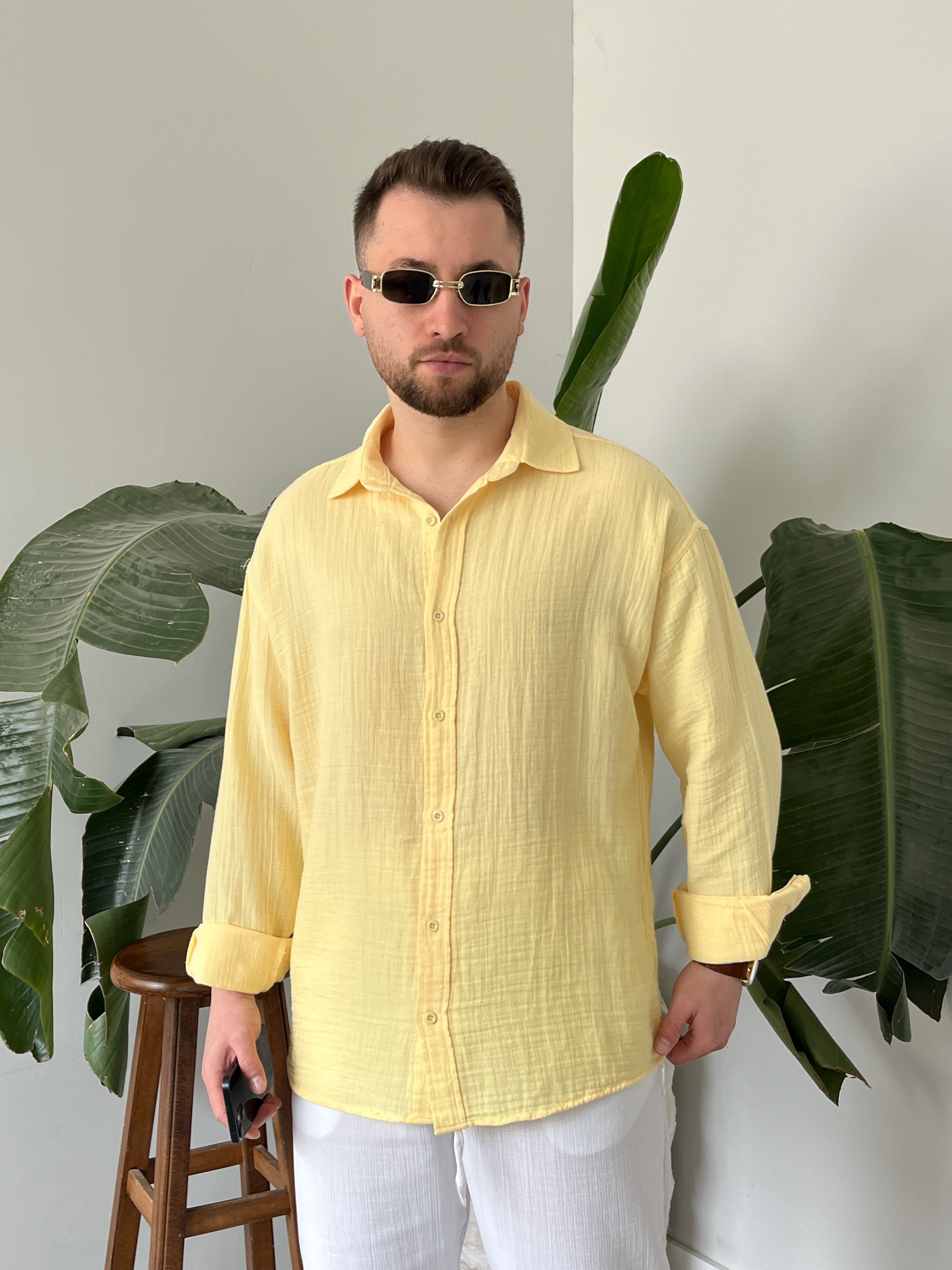 Sarı Premium Müslin Dokulu Oversize Gömlek