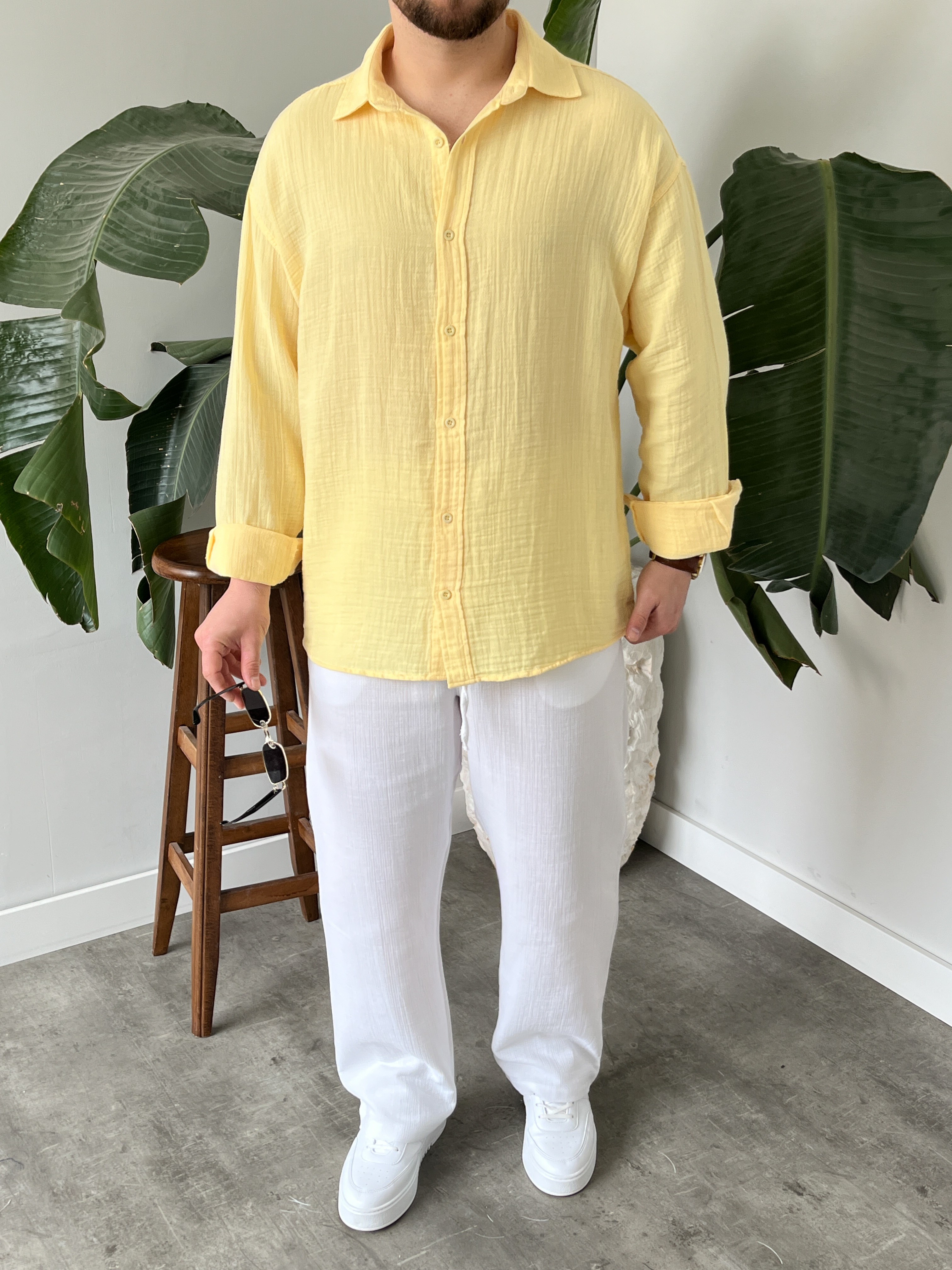 Sarı Premium Müslin Dokulu Oversize Gömlek