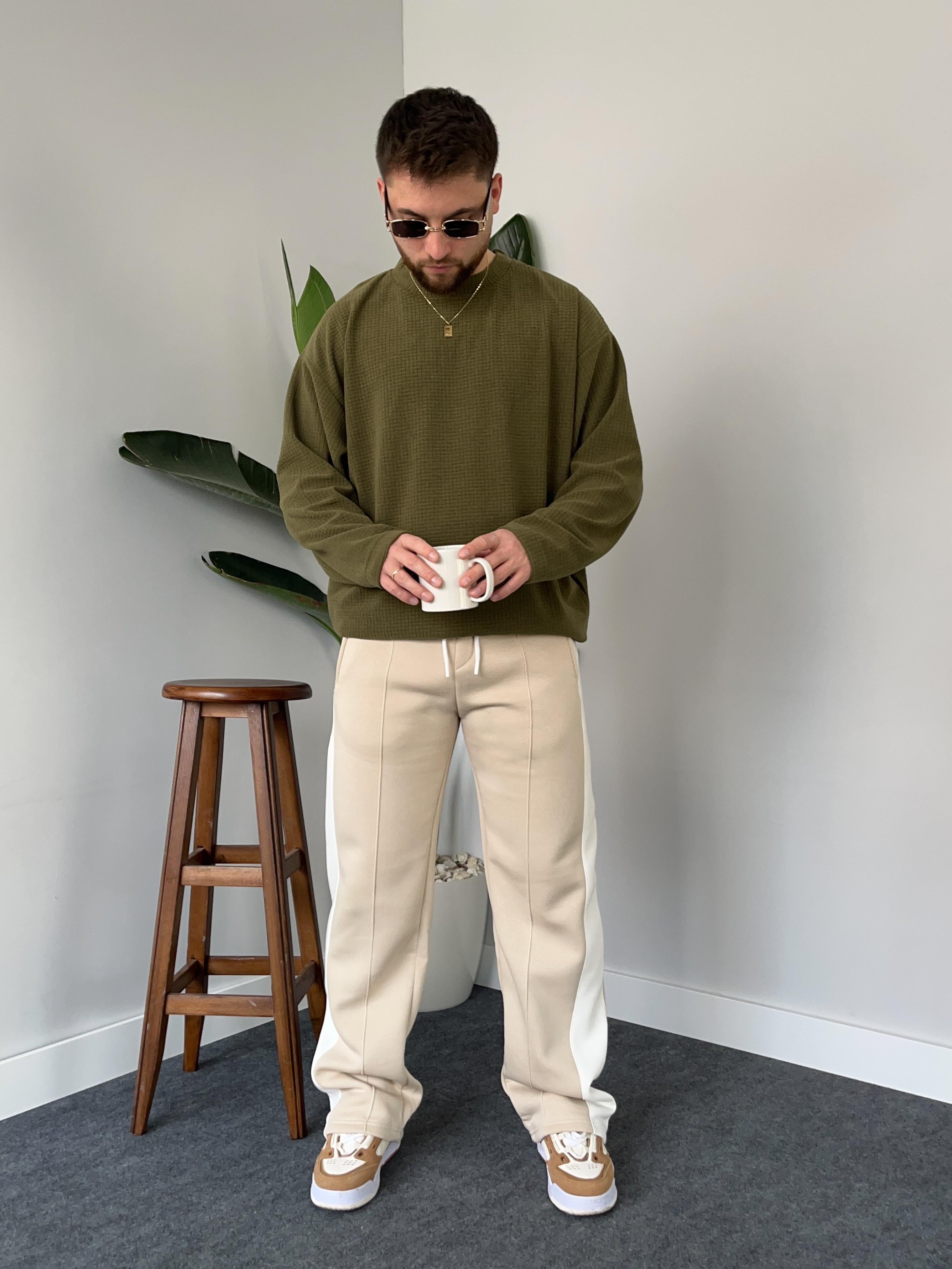 Şeritli Krem Baggy Eşofman