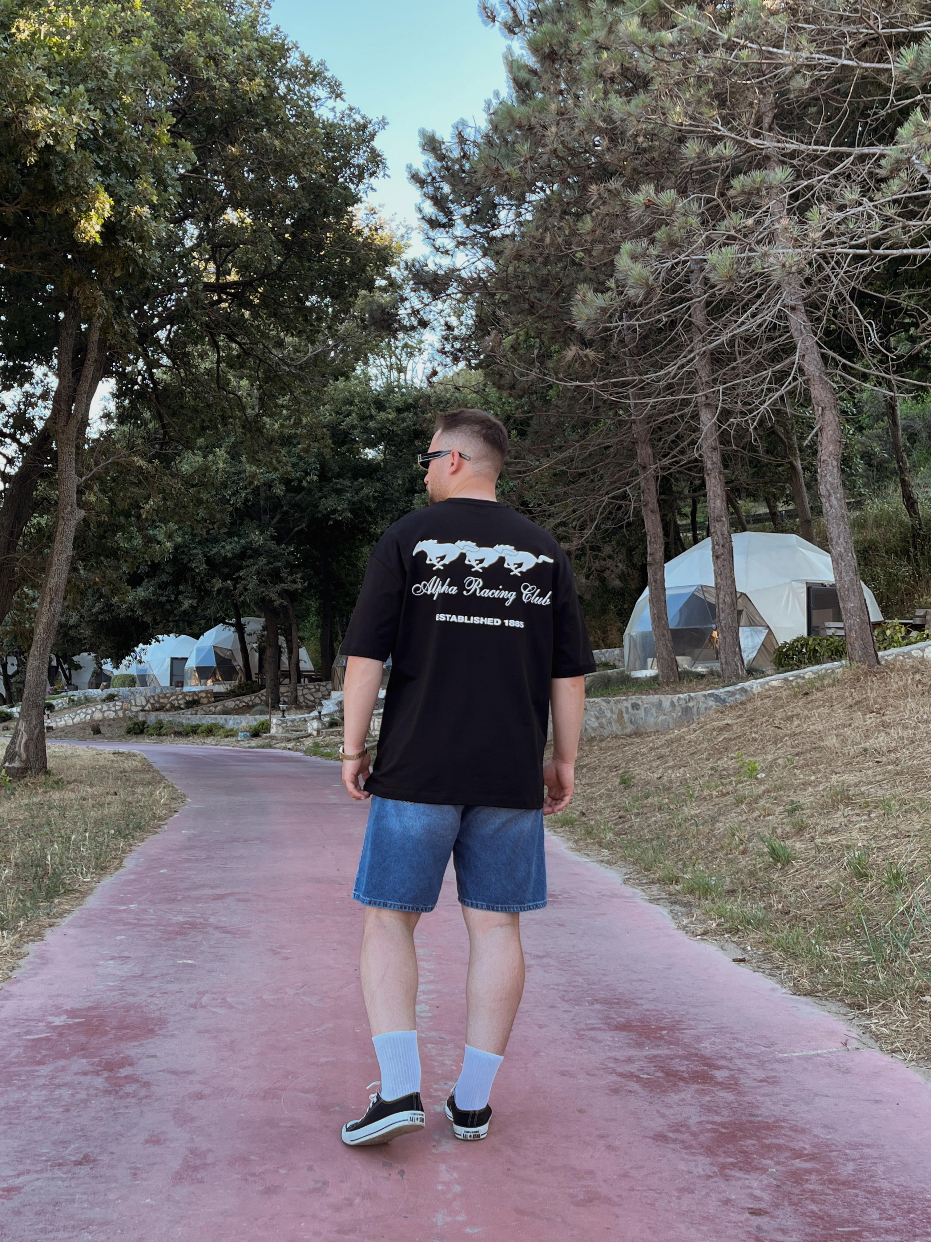 Siyah Alpha Racing Baskılı Oversize T-shirt