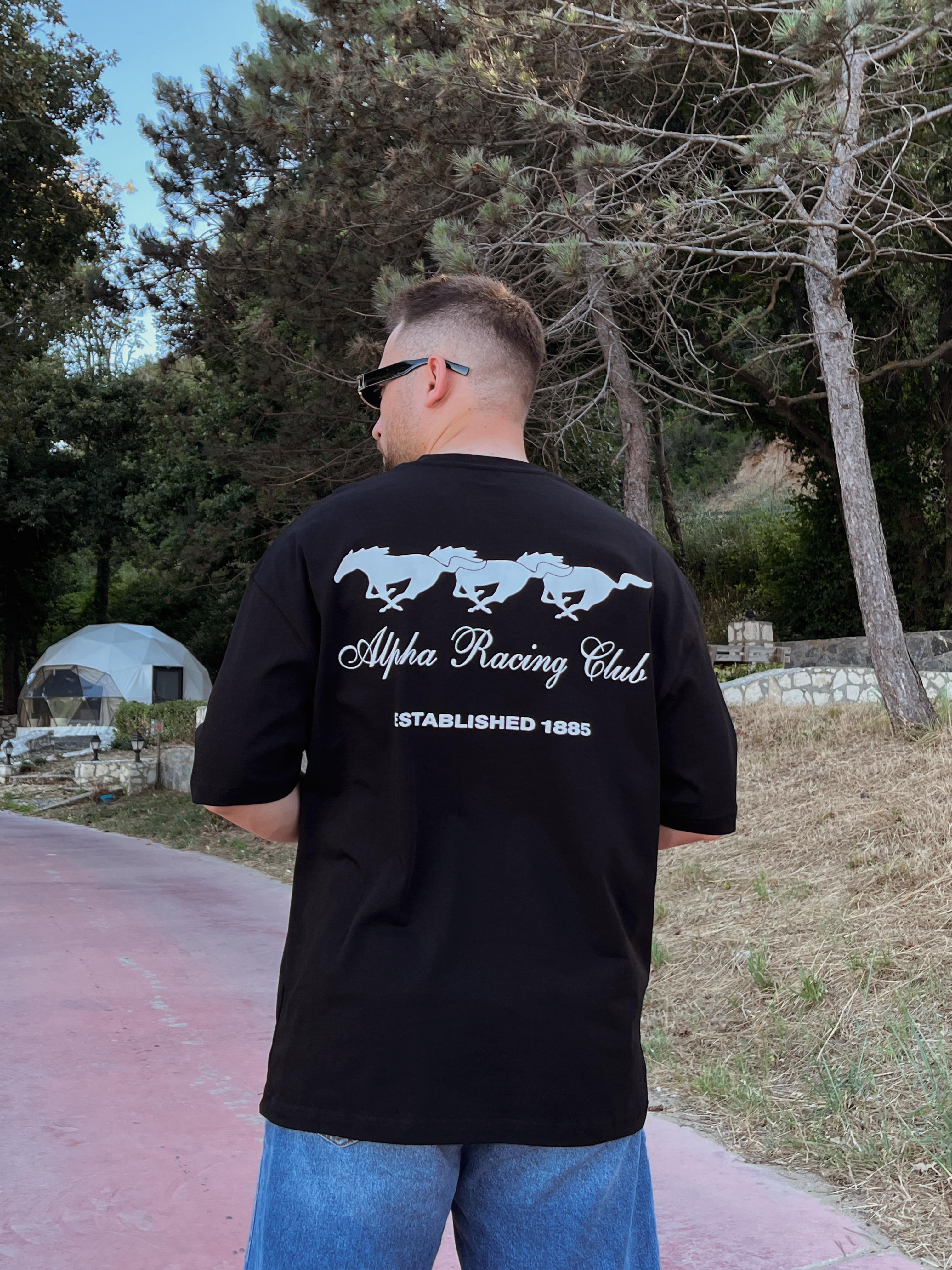 Siyah Alpha Racing Baskılı Oversize T-shirt