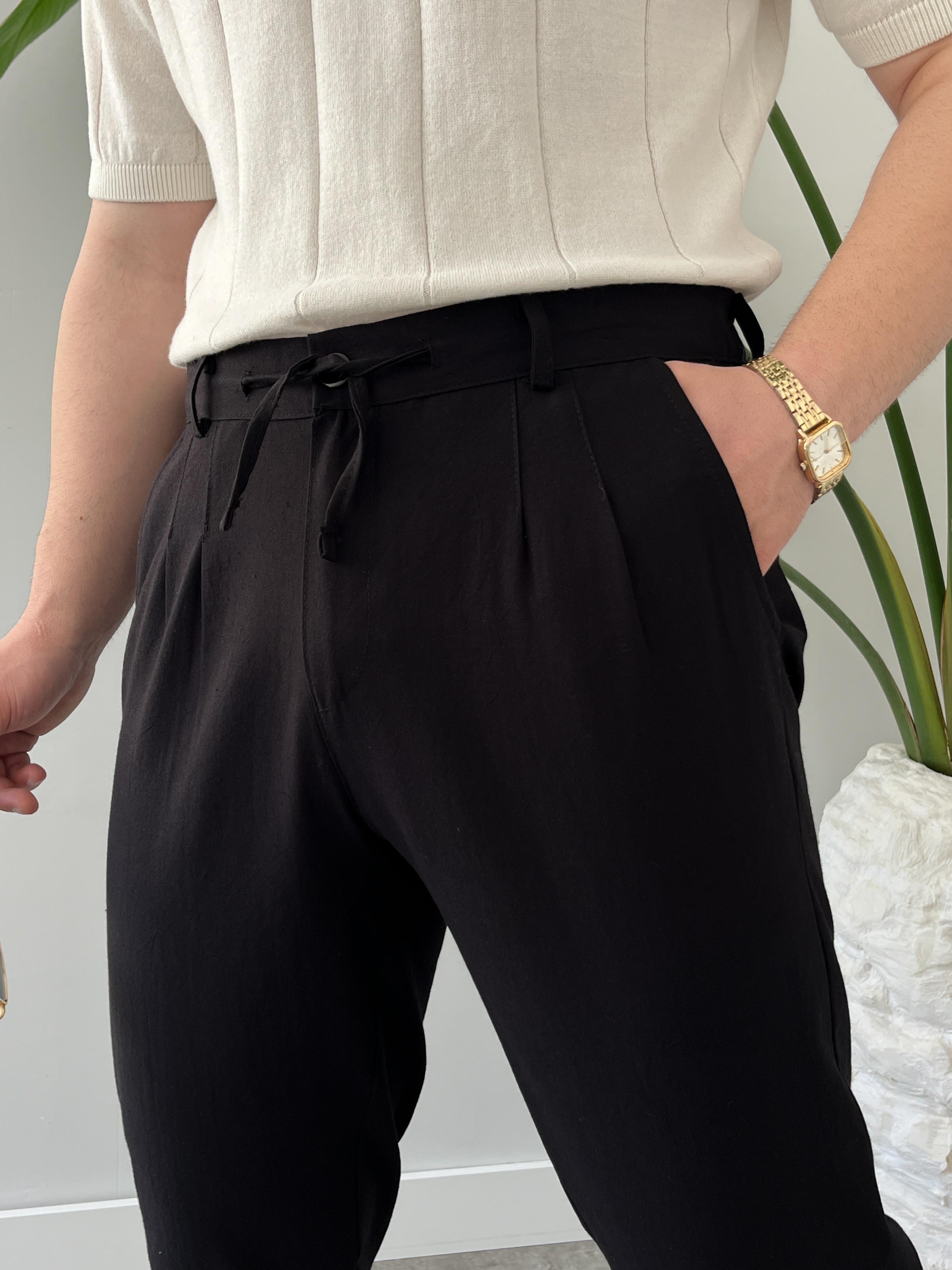 Siyah Bağlama Detaylı Keten Boyfriend Pantolon