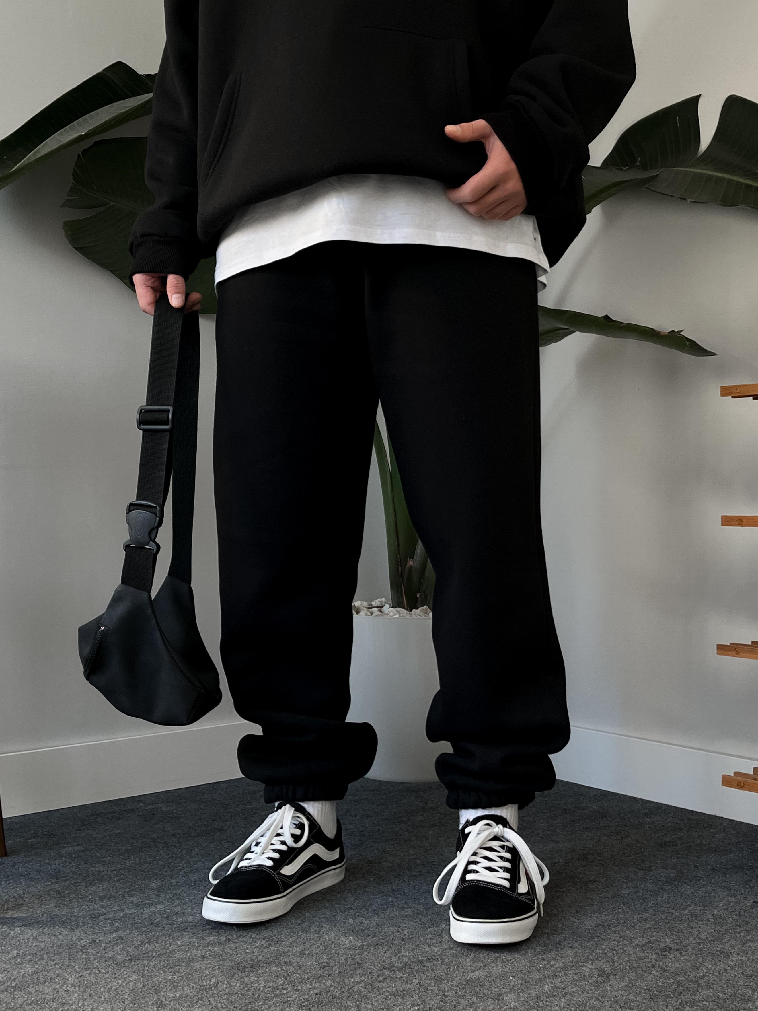 Siyah Basic Dolgulu Oversize Eşofman Takım