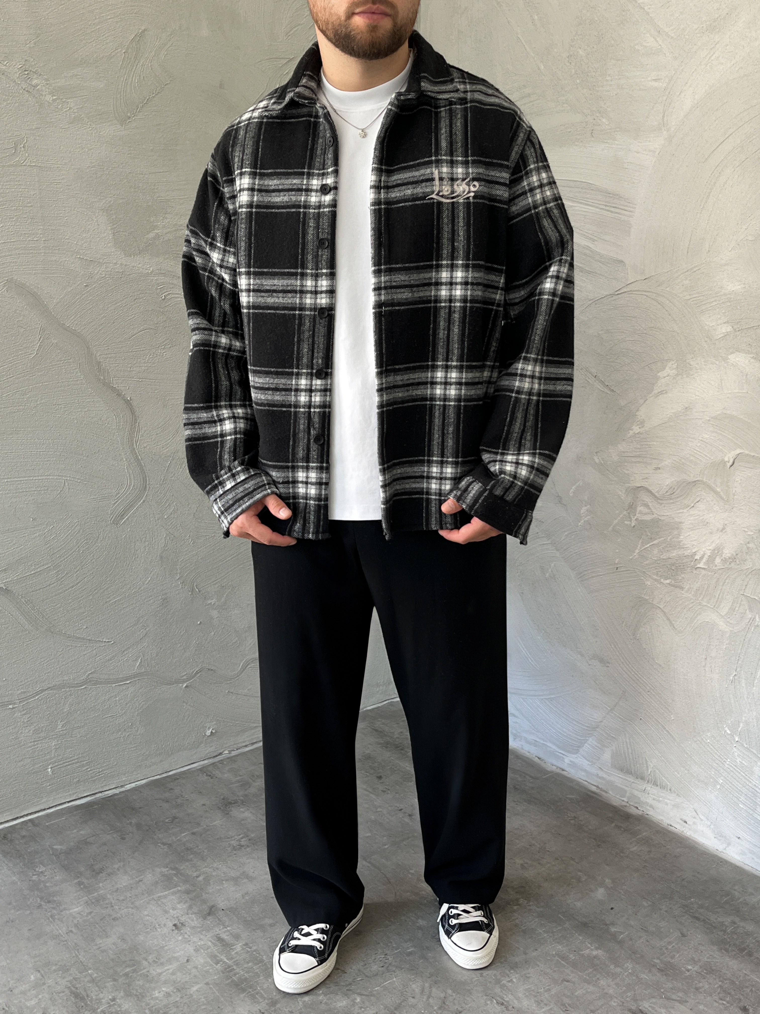 Siyah Baskılı Oversize Ekose Gömlek