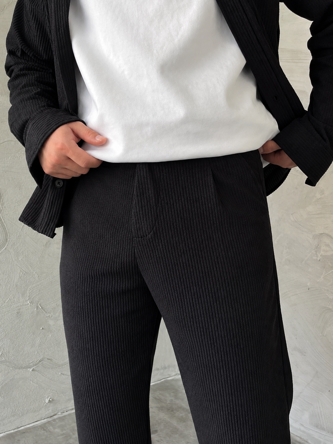 Siyah Boxy Fit Fitilli Kadife Takım