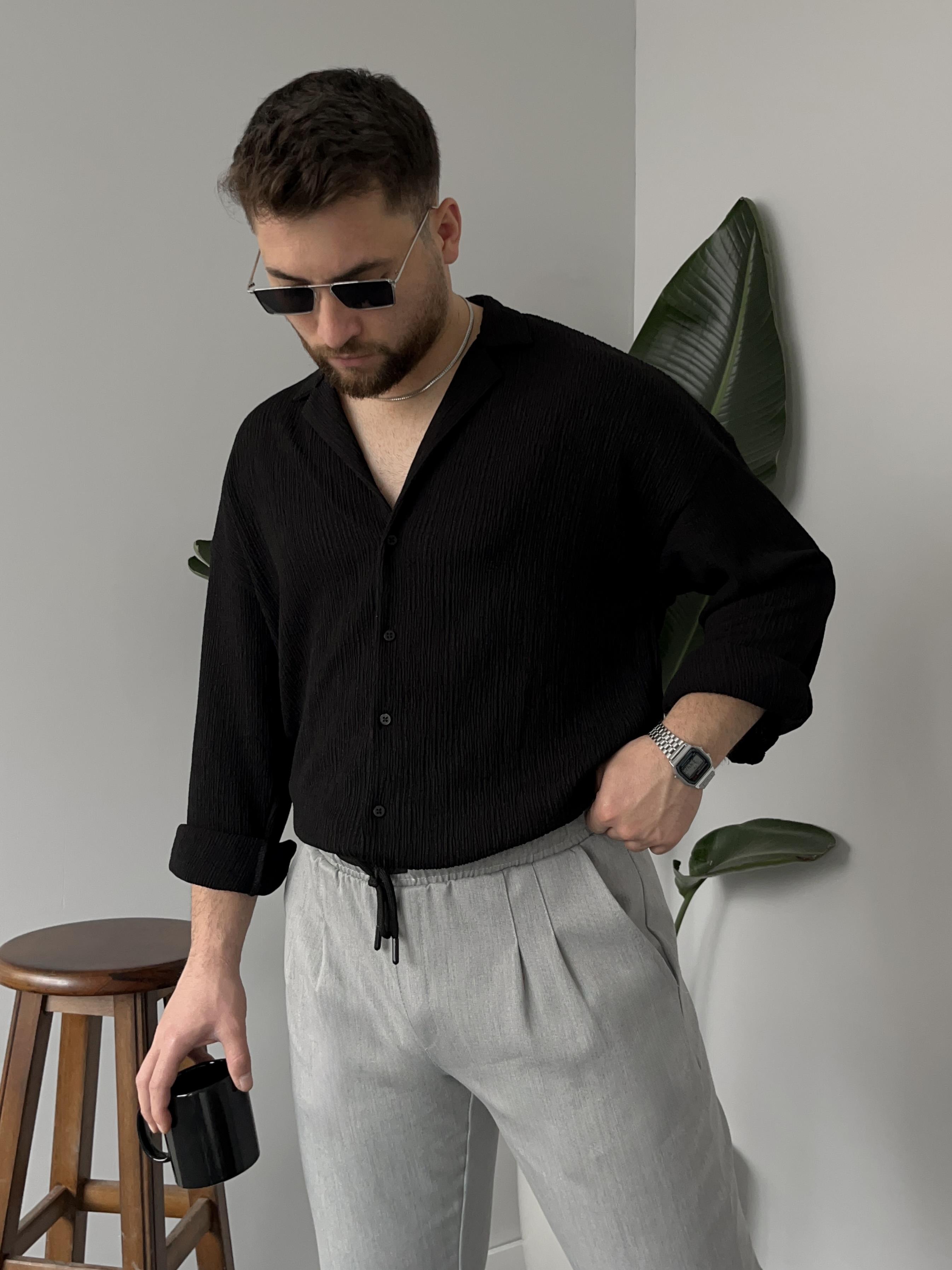 Siyah Bürümcük Kumaş Gömlek