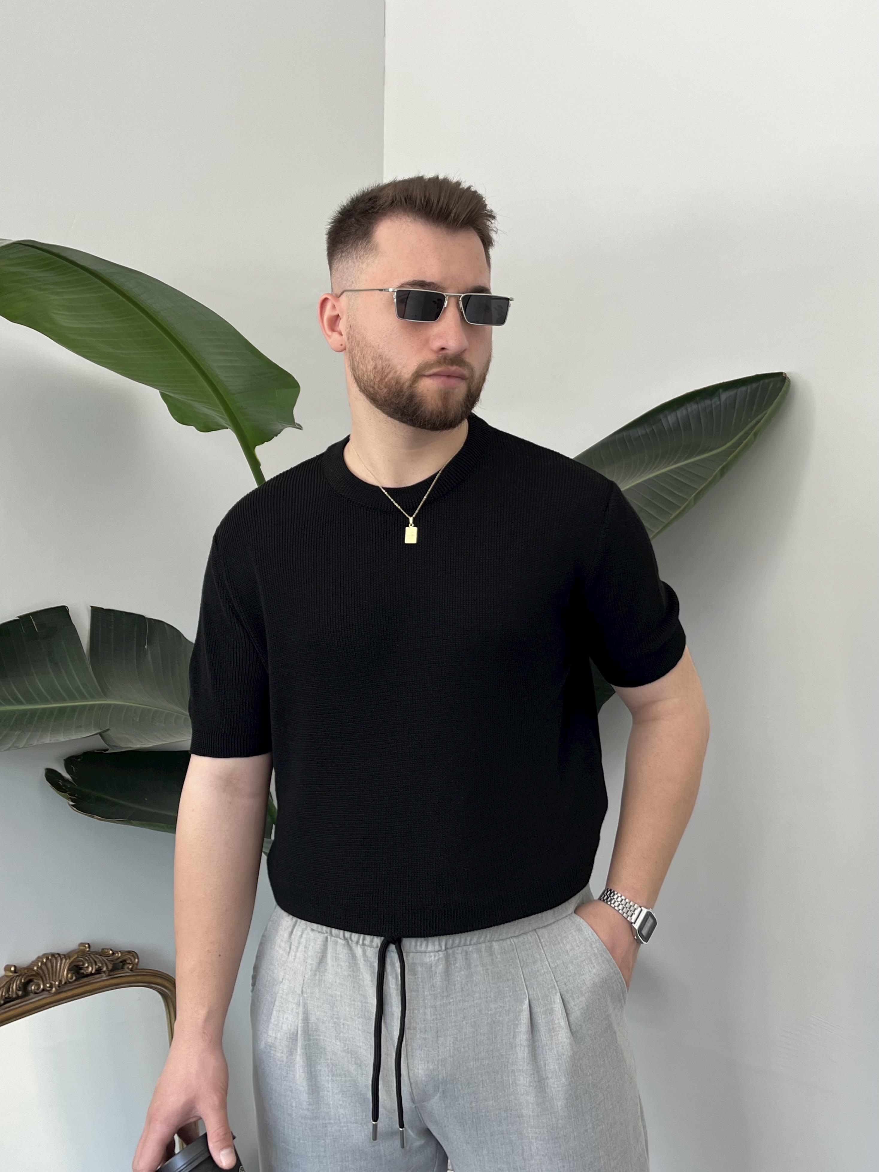 Siyah Casual Örme Triko T-shirt